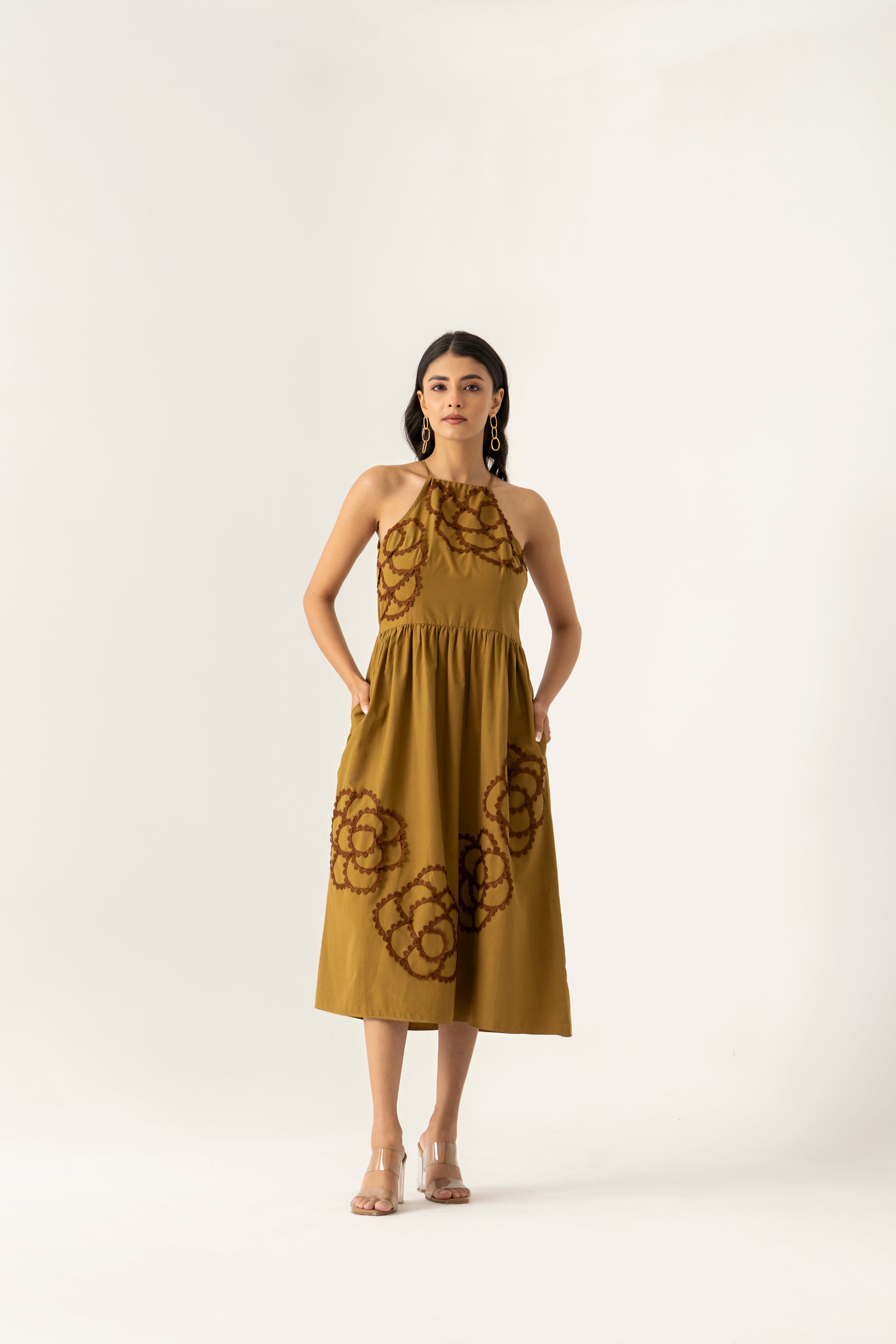 MILITARY GREEN LACE APPLIQUE DRESS