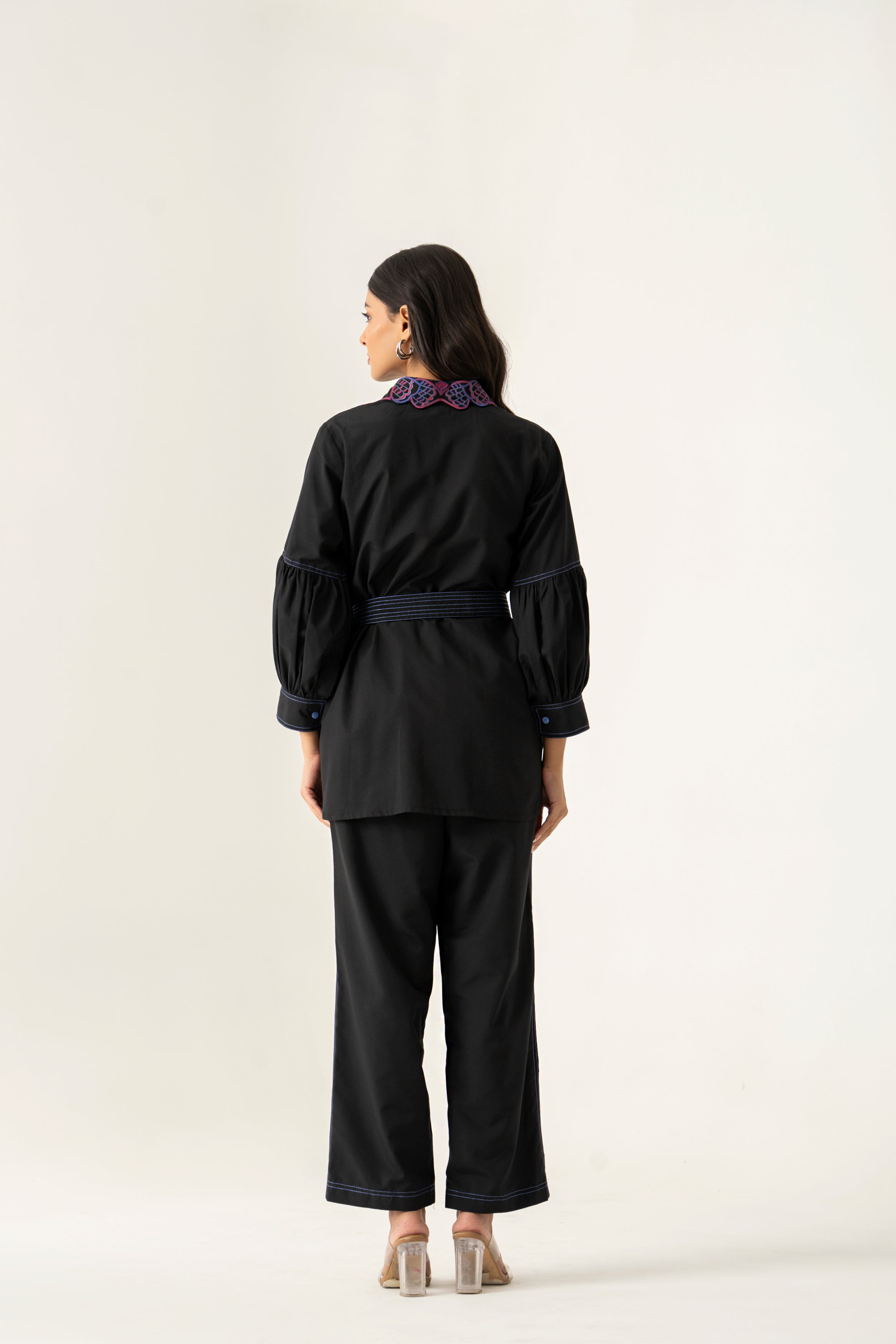 BLACK CO ORD SET WITH EMBROIDERED 3D COLLAR AND BELT