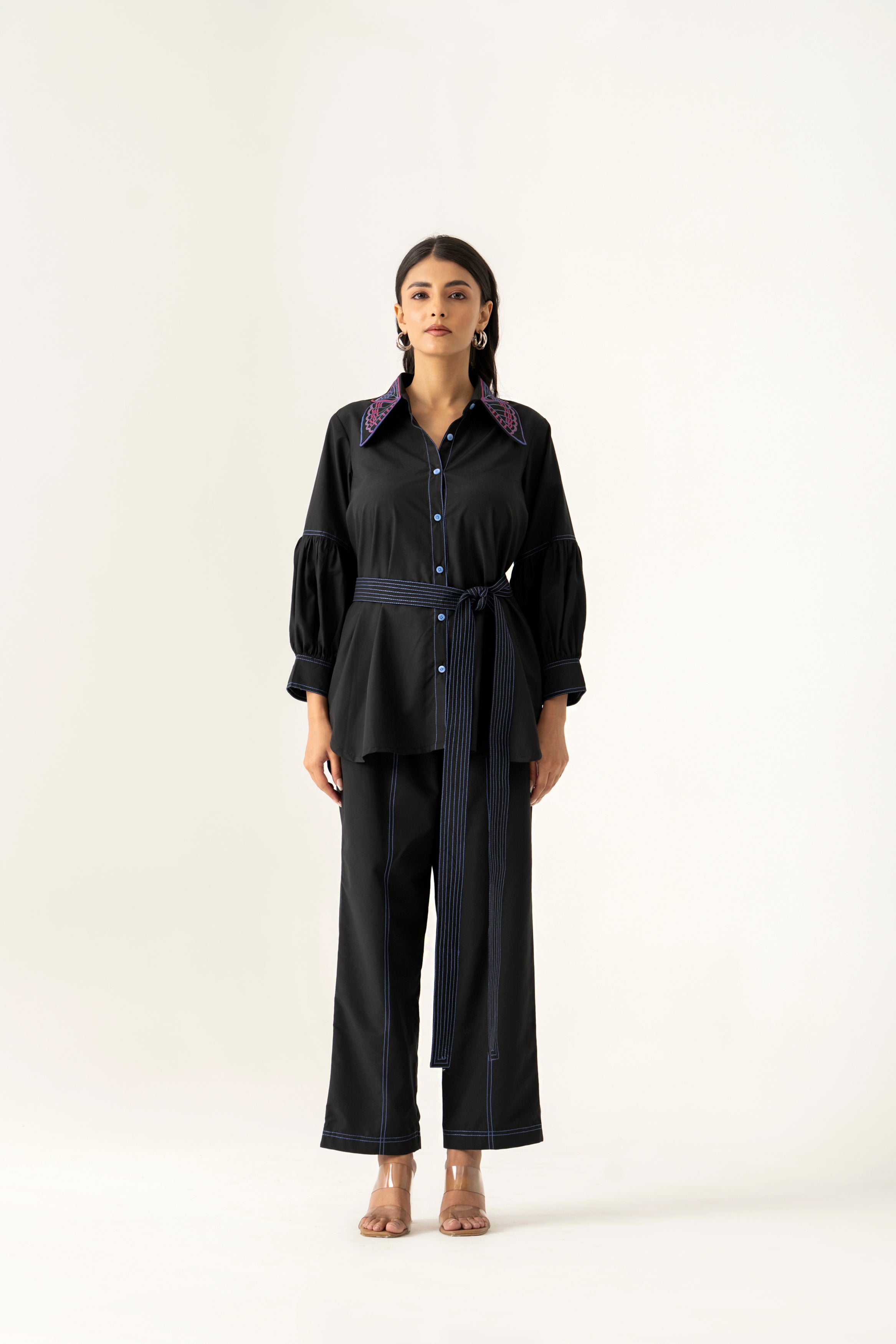 BLACK CO ORD SET WITH EMBROIDERED 3D COLLAR AND BELT