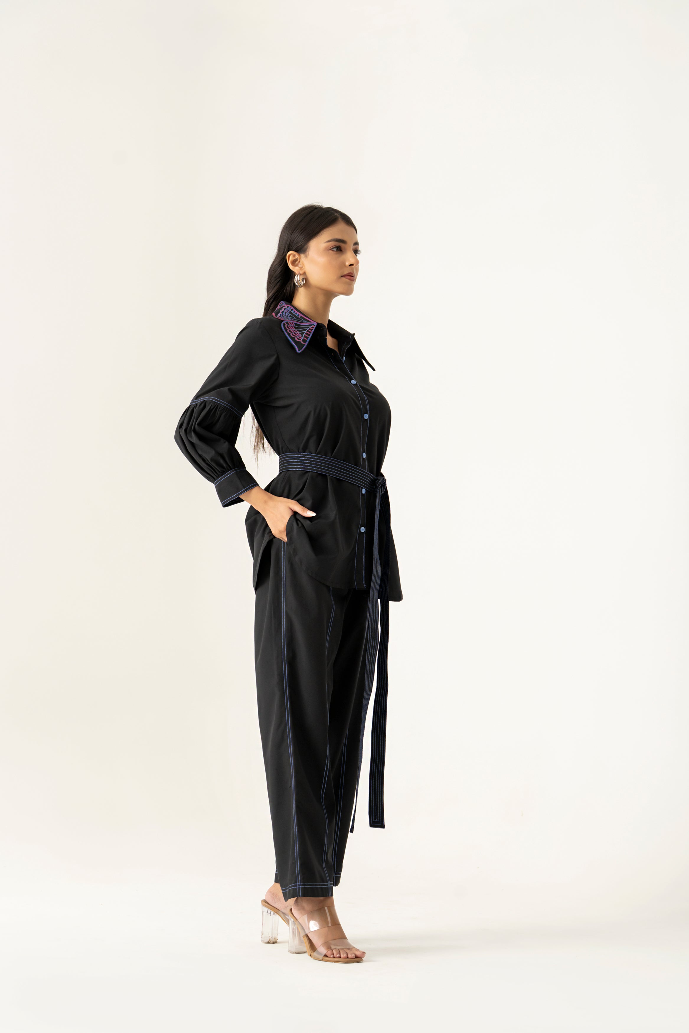 BLACK CO ORD SET WITH EMBROIDERED 3D COLLAR AND BELT