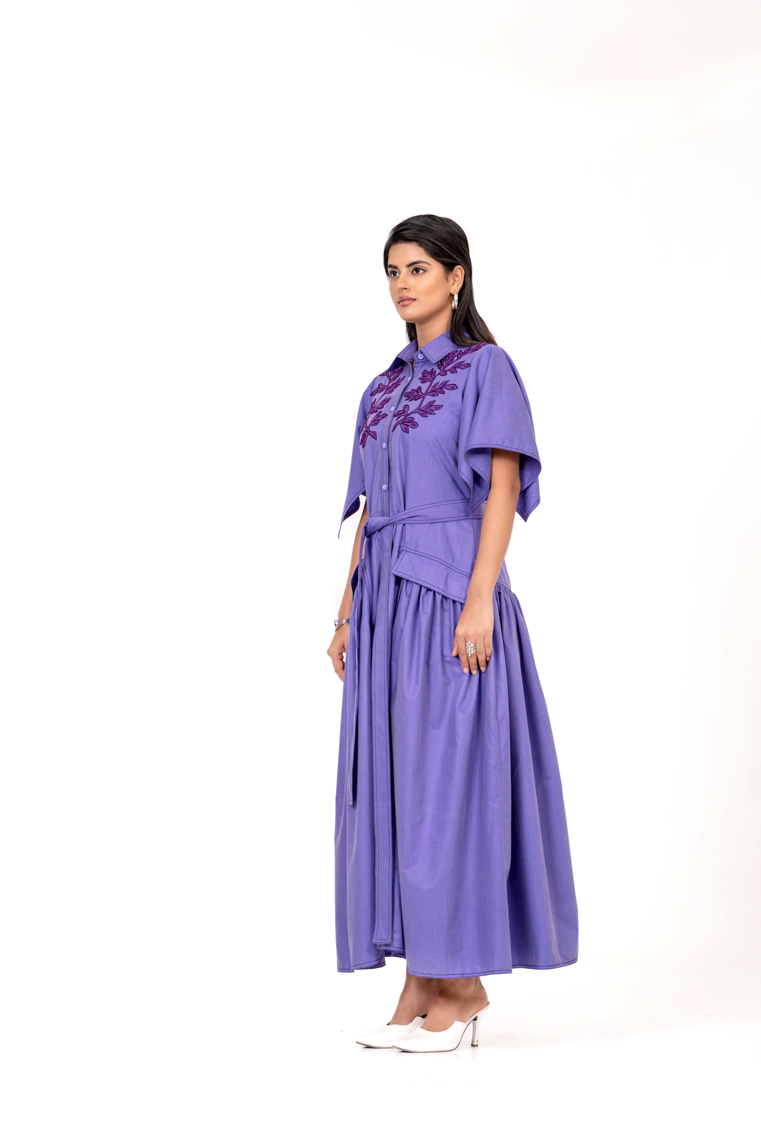 PURPLE BLOOM EMBROIDERED MAXI DRESS WITH BELT
