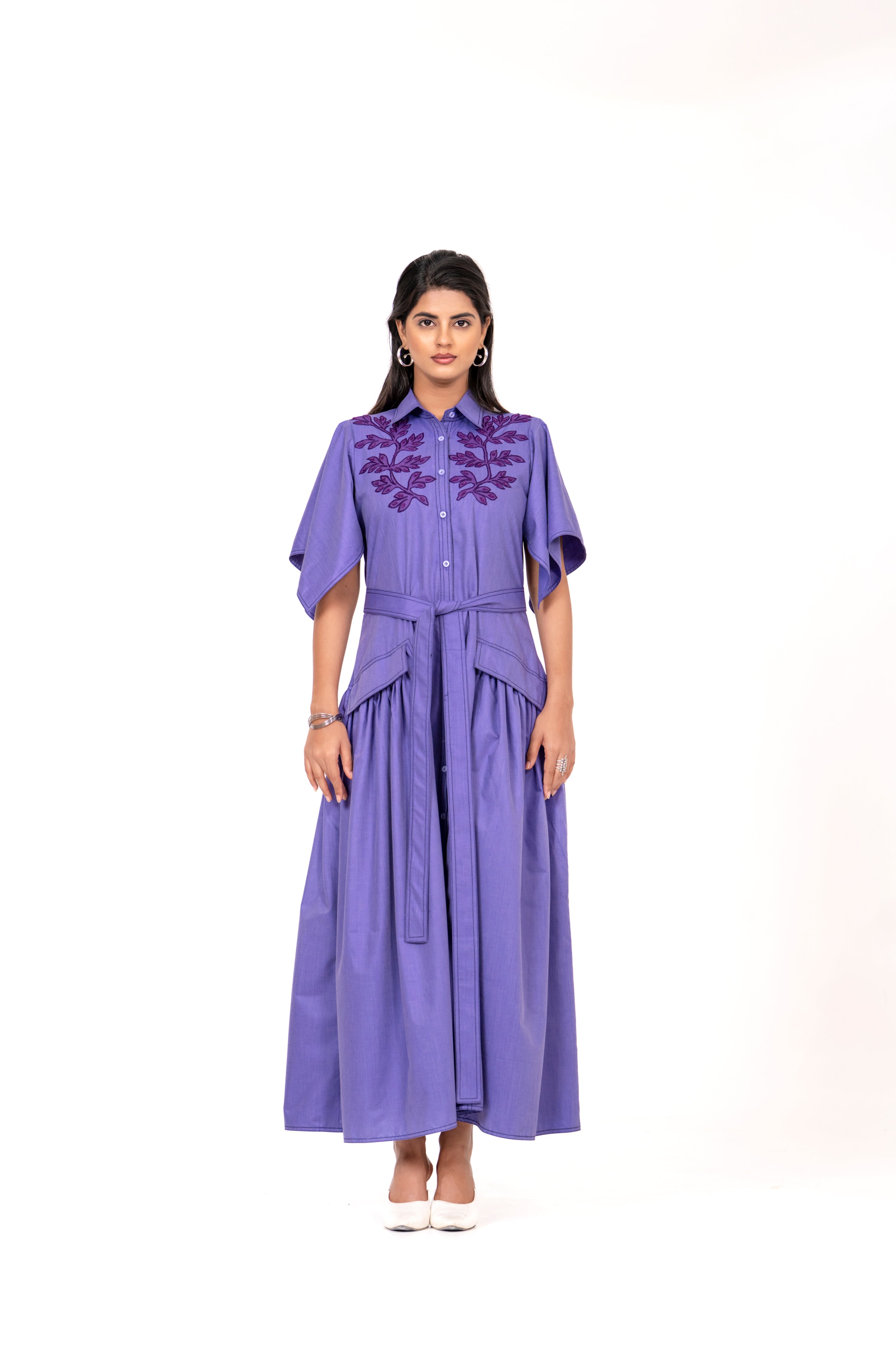 PURPLE BLOOM EMBROIDERED MAXI DRESS WITH BELT