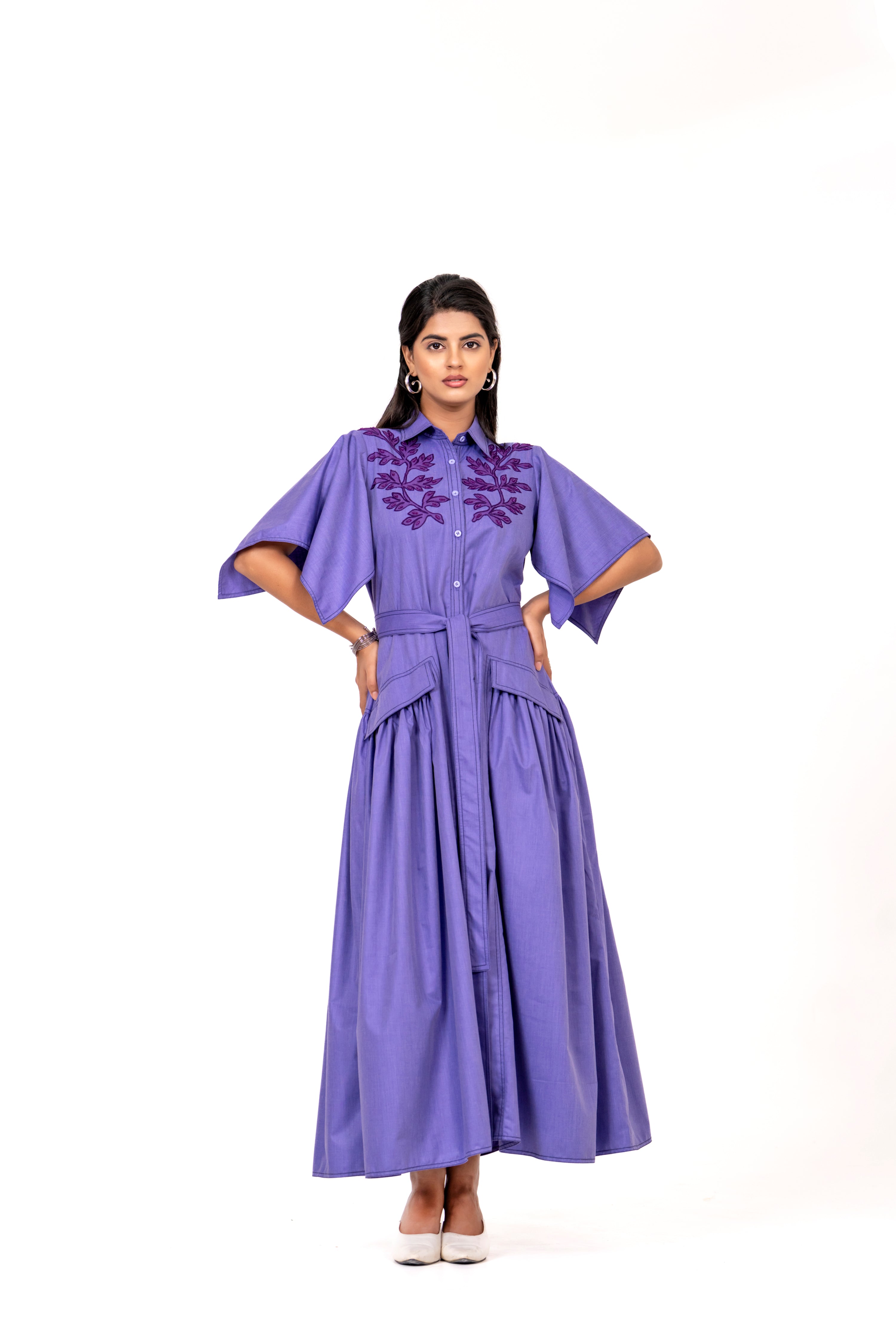 PURPLE BLOOM EMBROIDERED MAXI DRESS WITH BELT