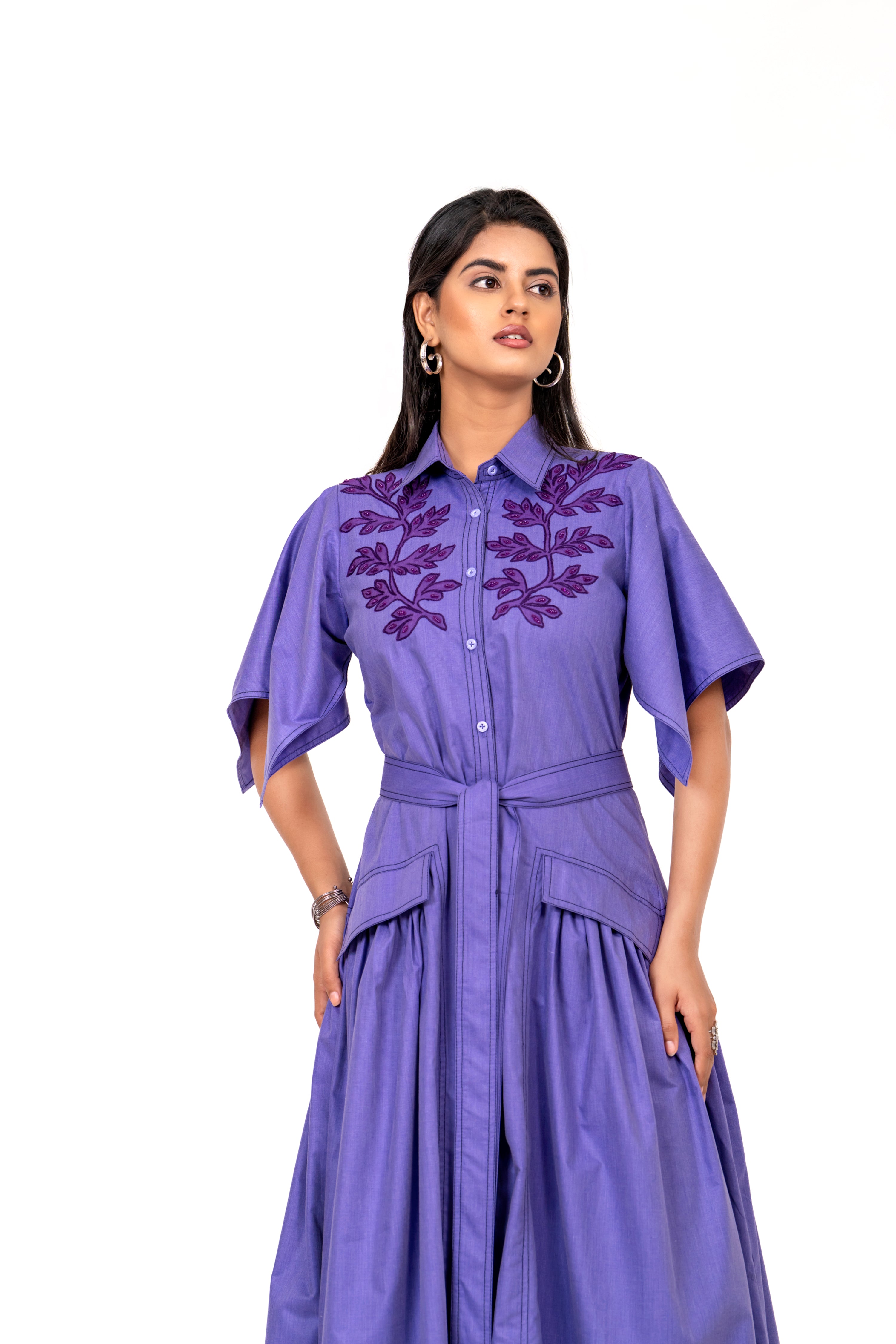 PURPLE BLOOM EMBROIDERED MAXI DRESS WITH BELT