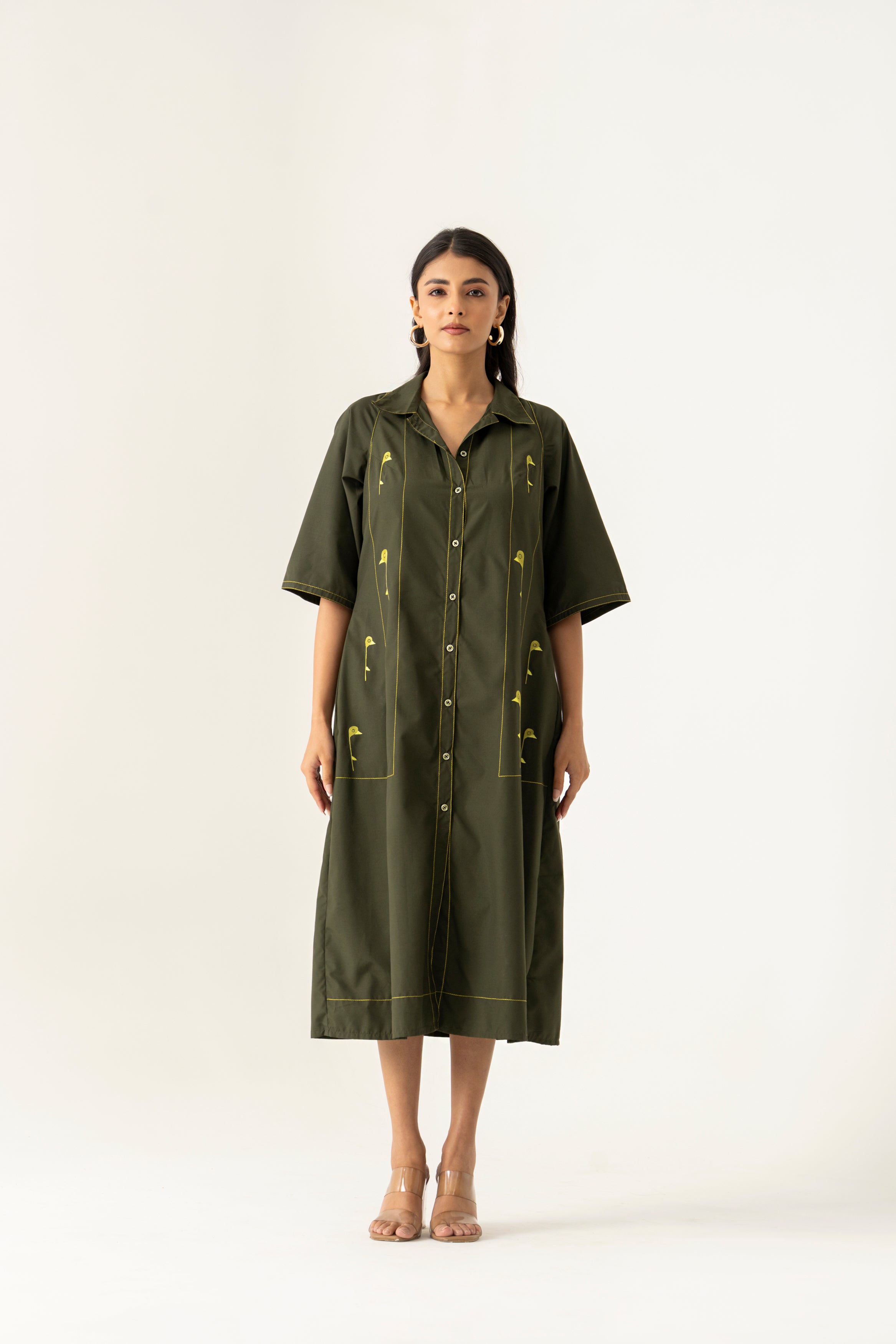 Olive Botanical Button-Down Dress