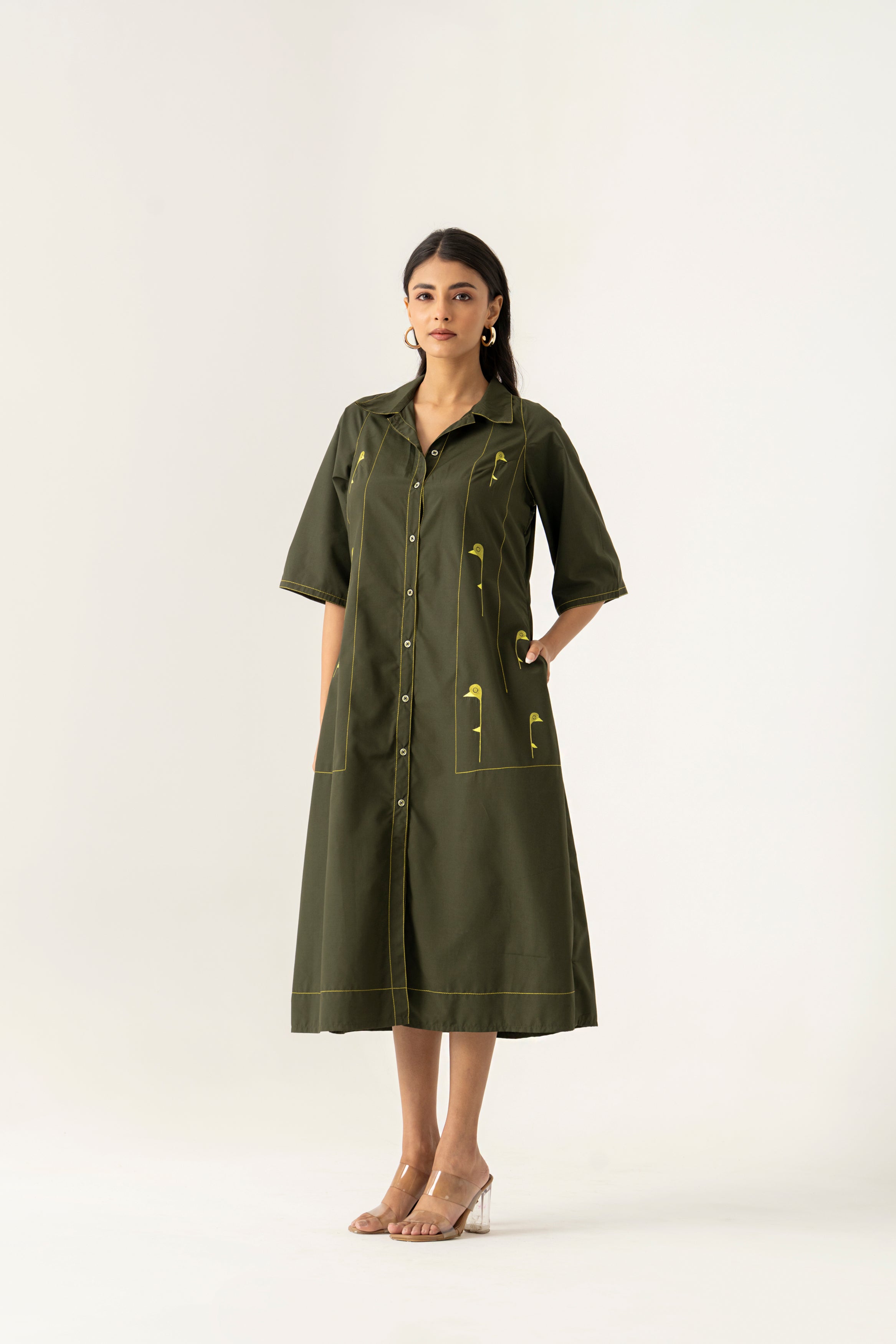 Olive Botanical Button-Down Dress