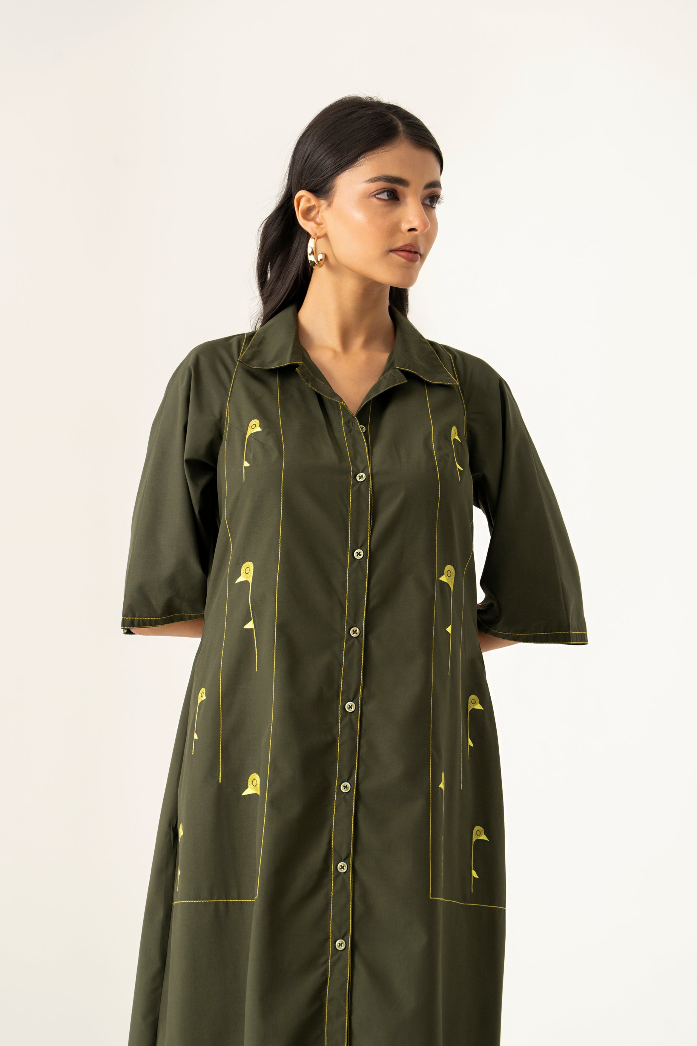 Olive Botanical Button-Down Dress