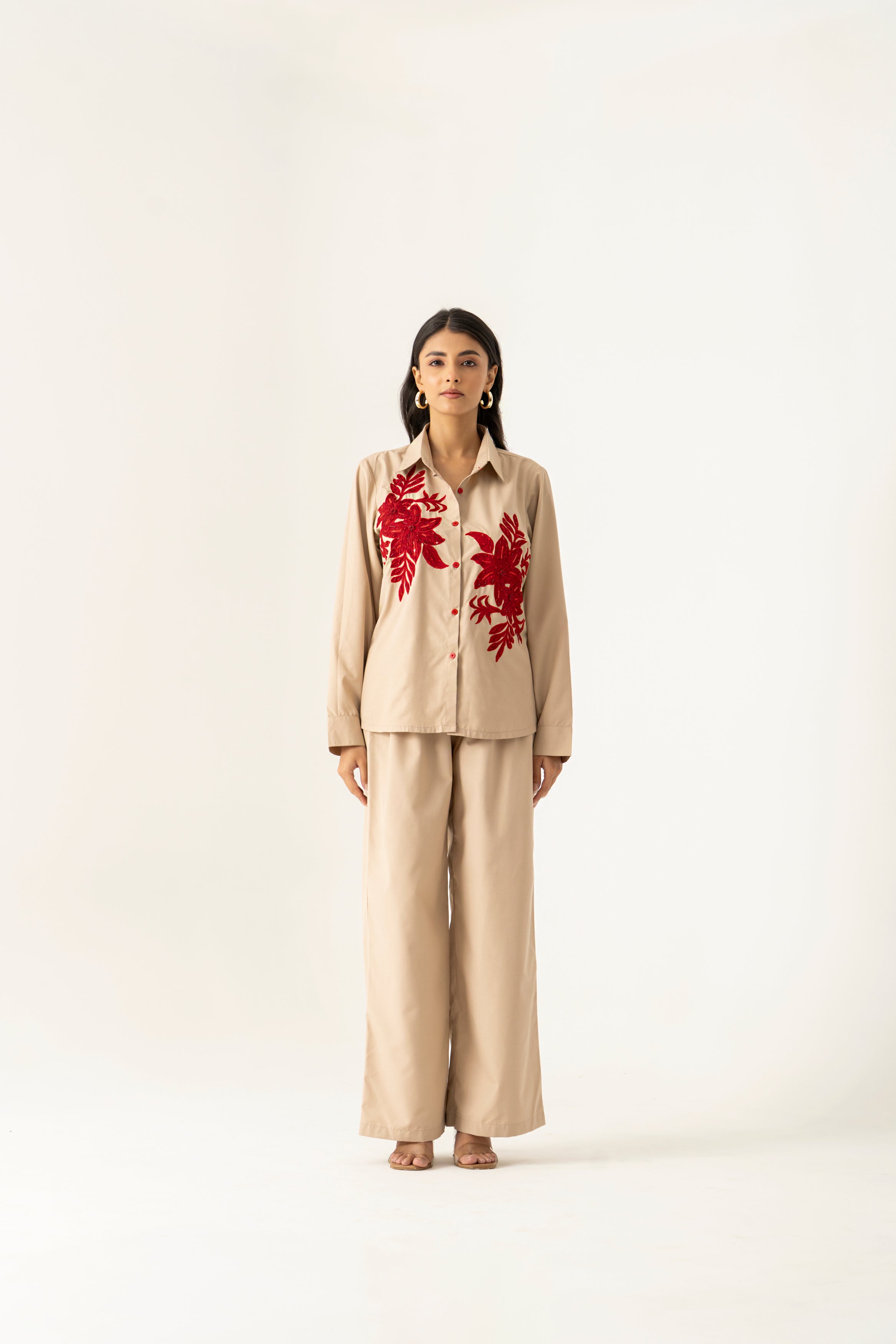 Elegant Beige Co-ord Set with Red Floral Embroidery