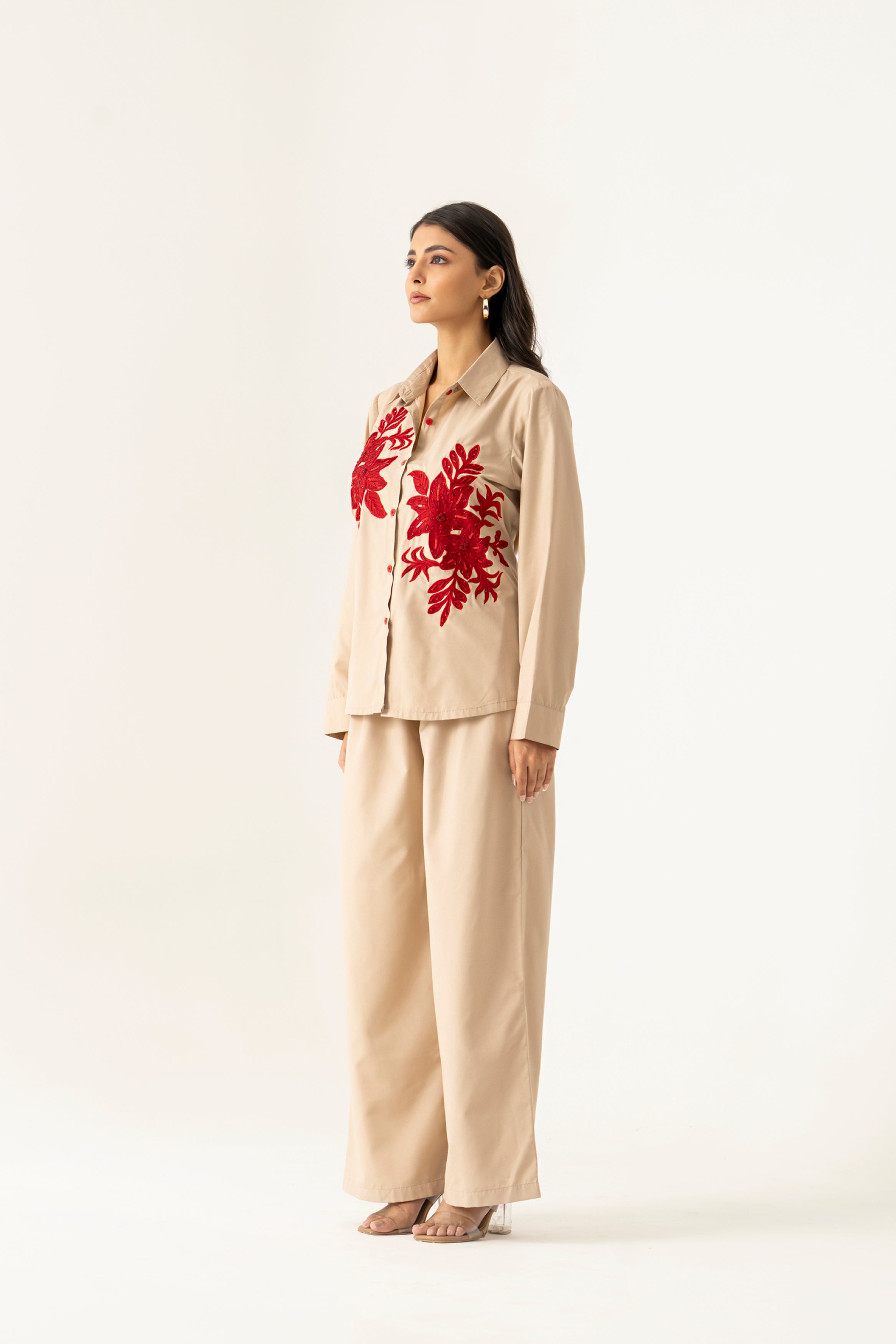 Elegant Beige Co-ord Set with Red Floral Embroidery