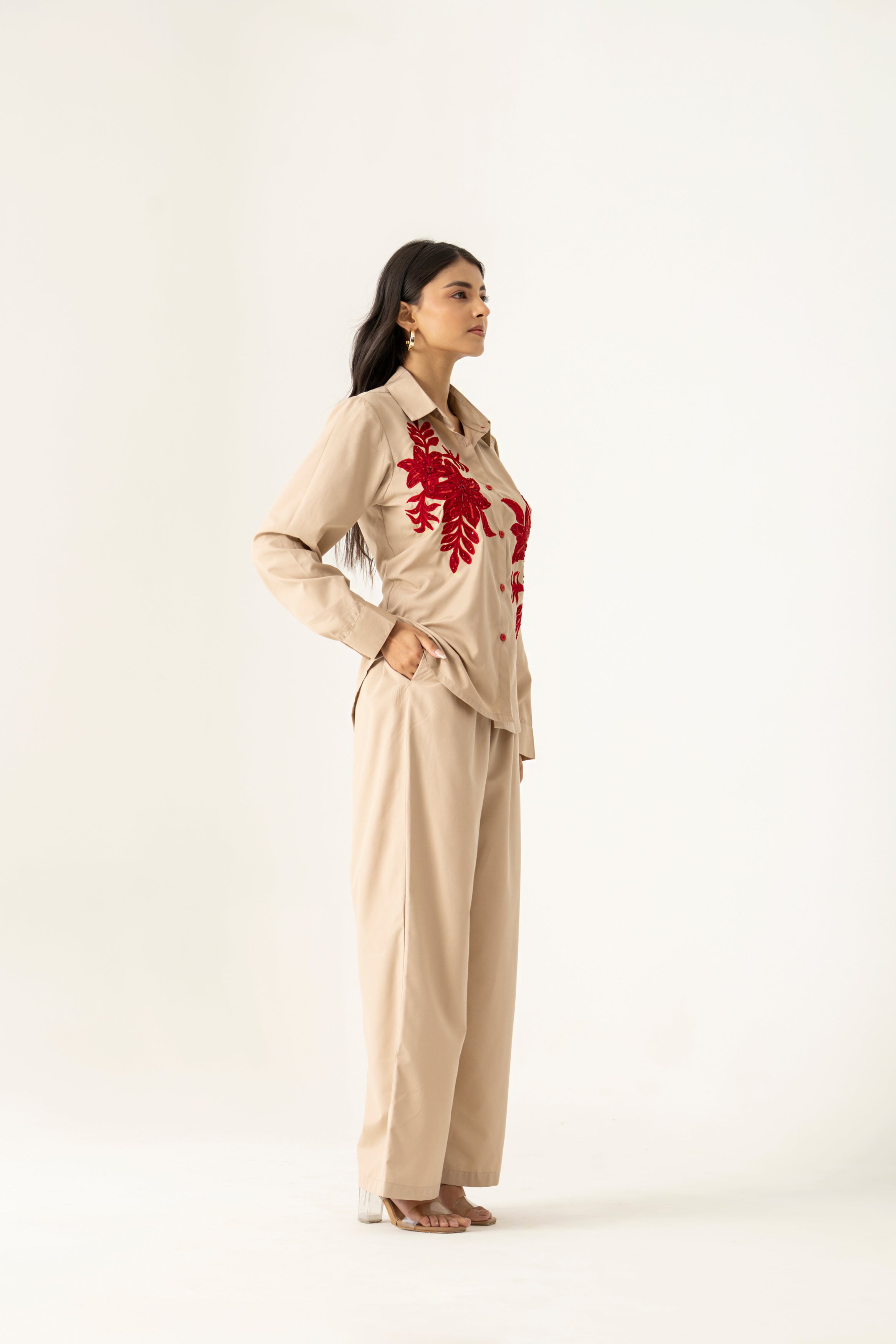 Elegant Beige Co-ord Set with Red Floral Embroidery