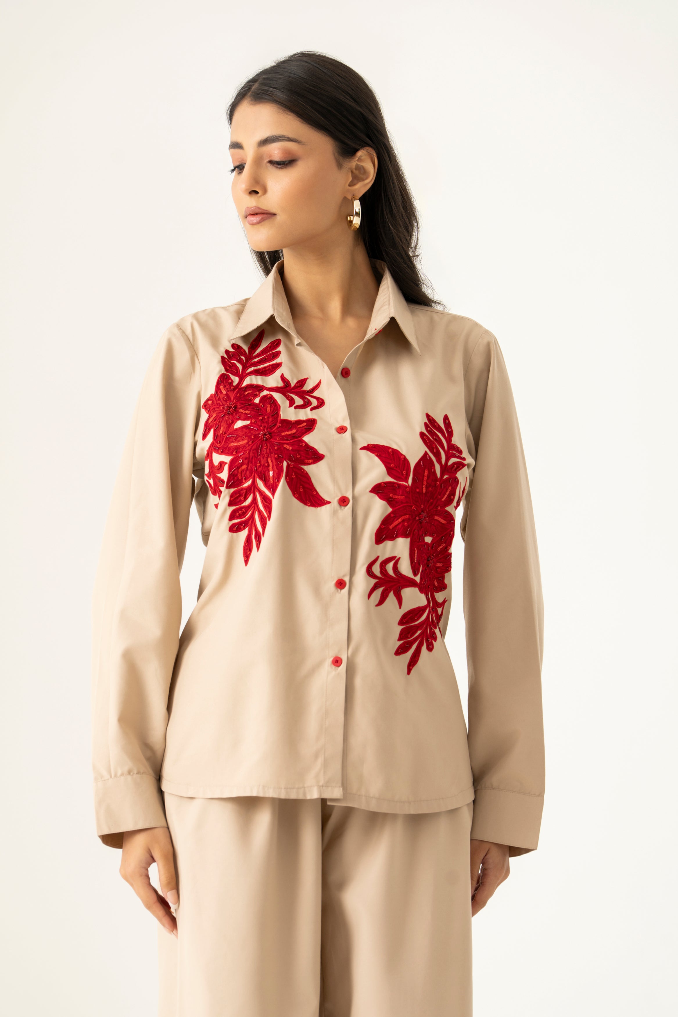 Elegant Beige Co-ord Set with Red Floral Embroidery