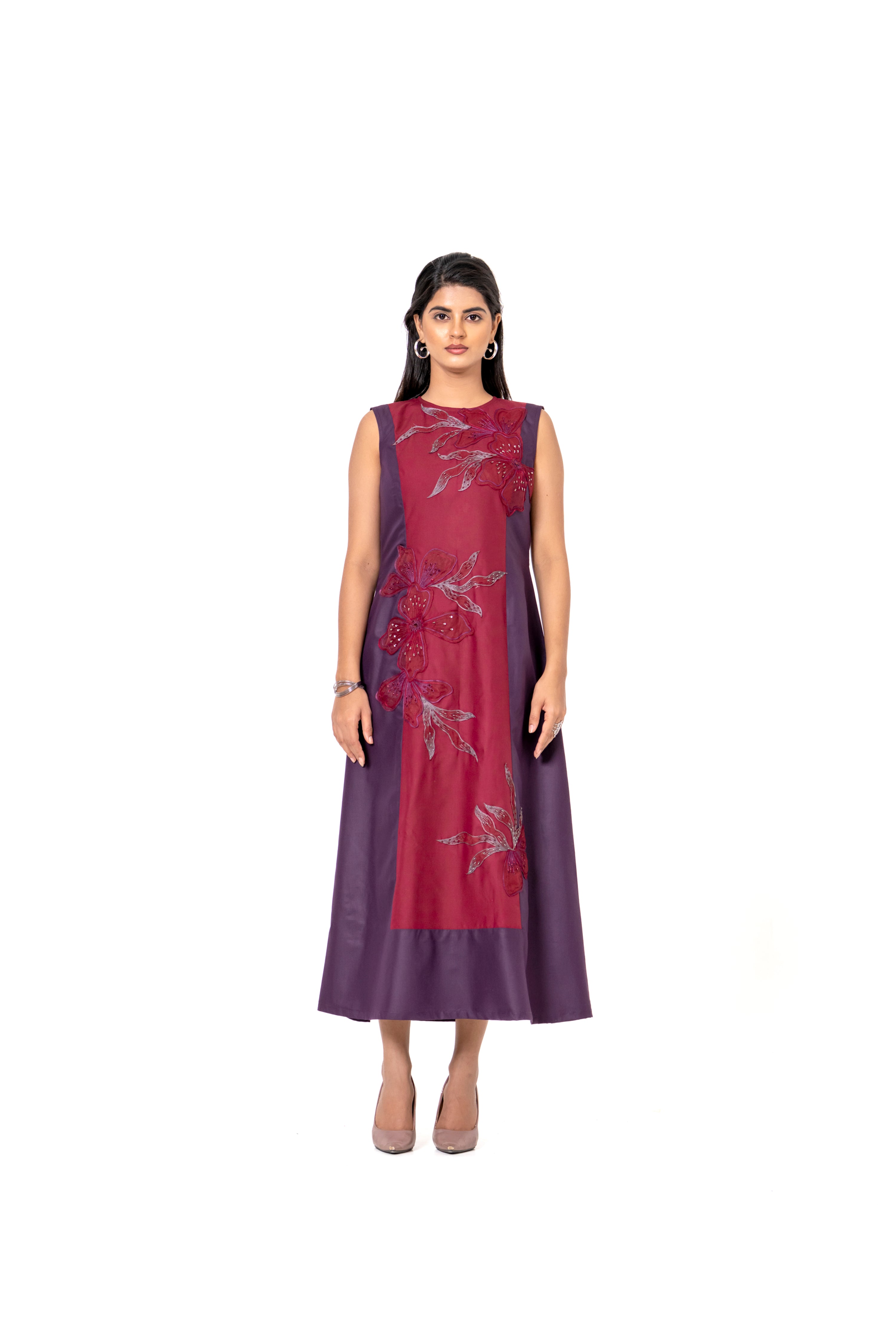 WINE AND MAROON SLEEVELESS A-LINE DRESS WITH FLORAL EMBROIDERED PANEL.