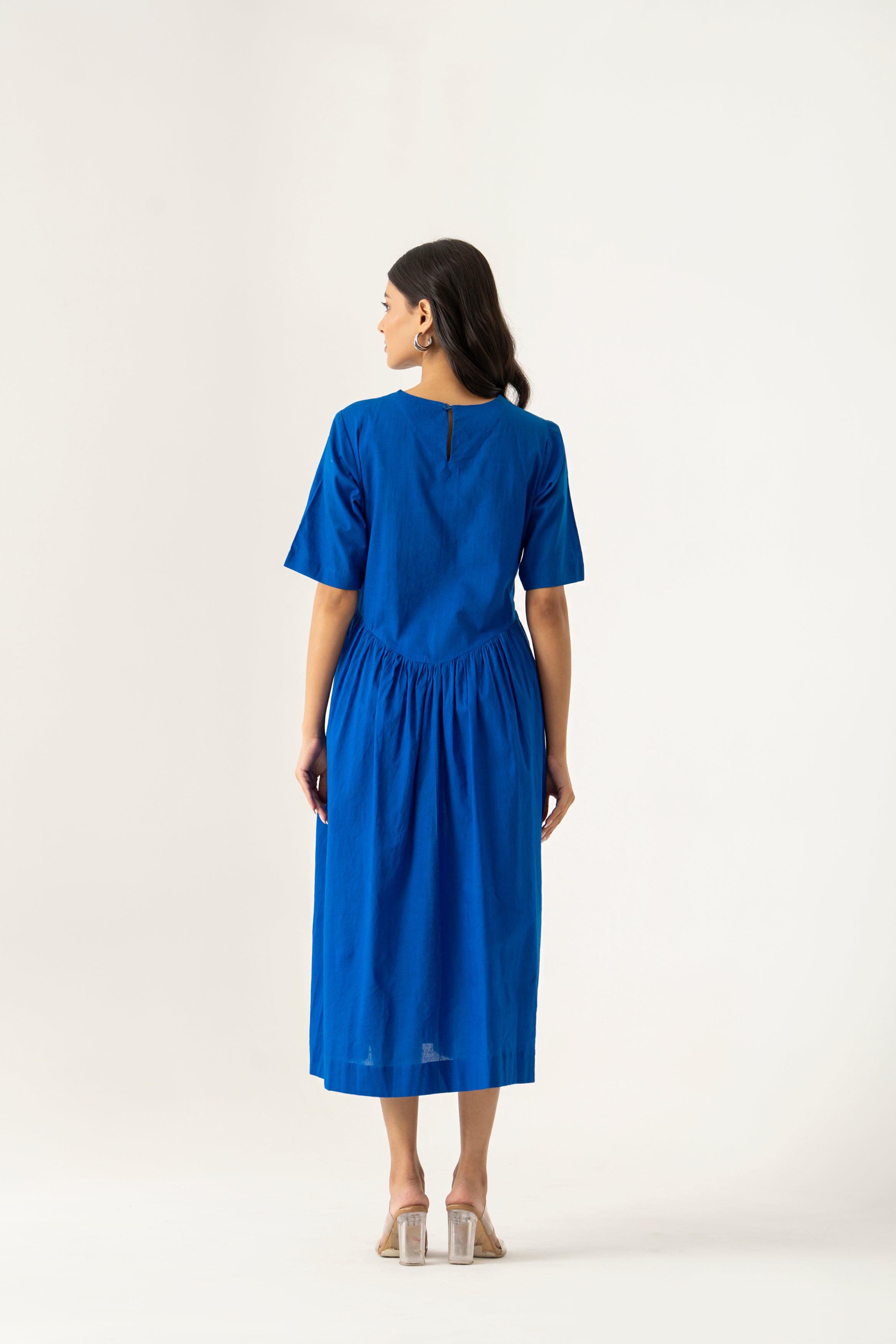 BLUE COTTON FLORAL EMBROIDERED DRESS