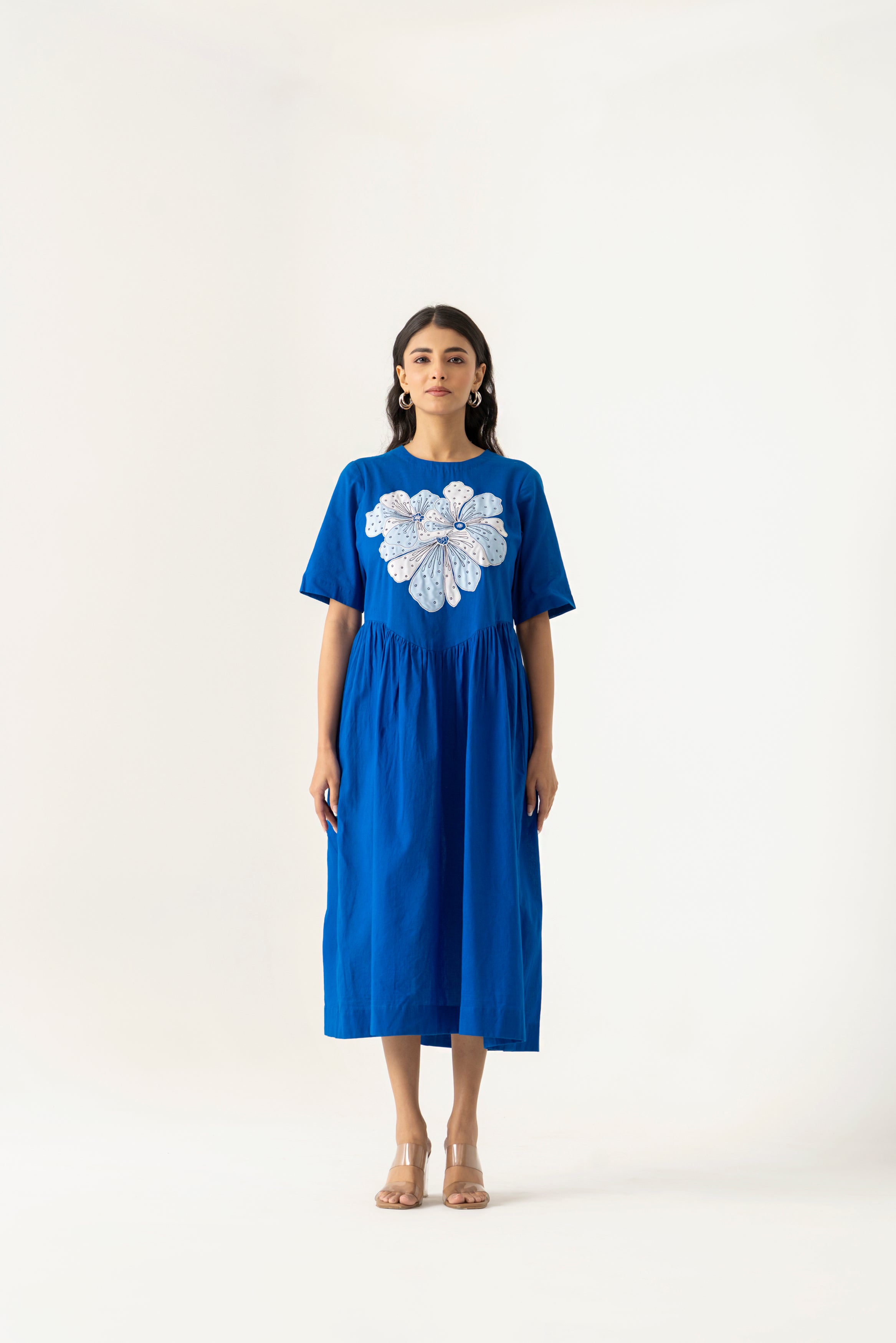 BLUE COTTON FLORAL EMBROIDERED DRESS