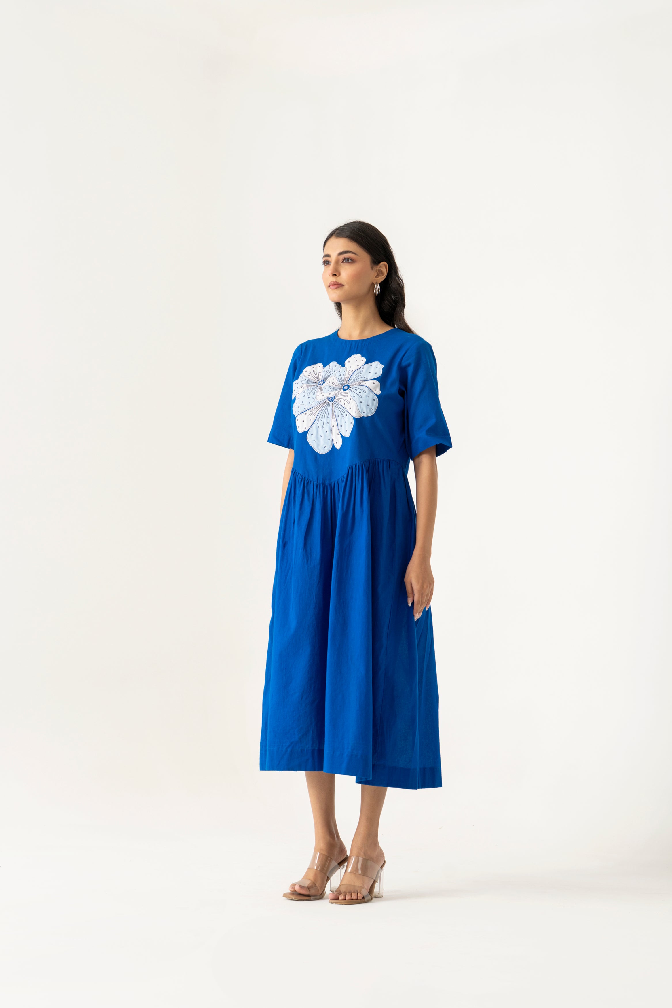 BLUE COTTON FLORAL EMBROIDERED DRESS