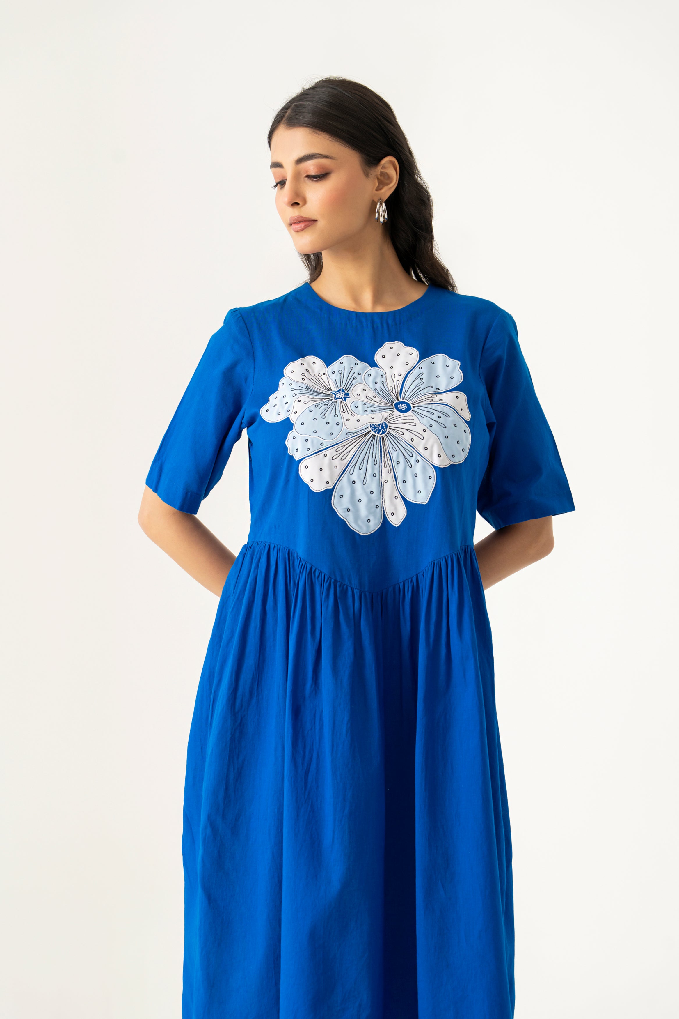 BLUE COTTON FLORAL EMBROIDERED DRESS