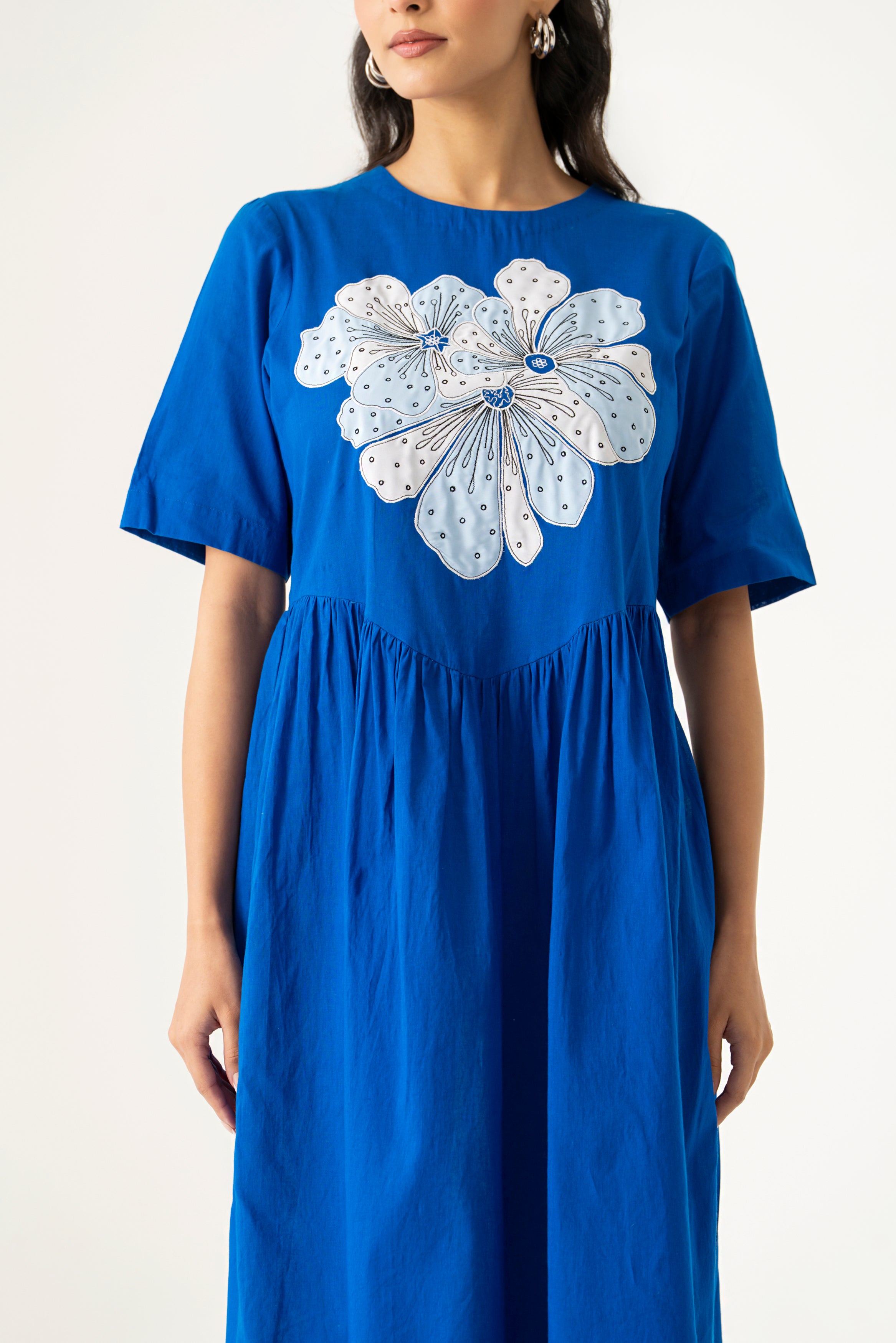BLUE COTTON FLORAL EMBROIDERED DRESS