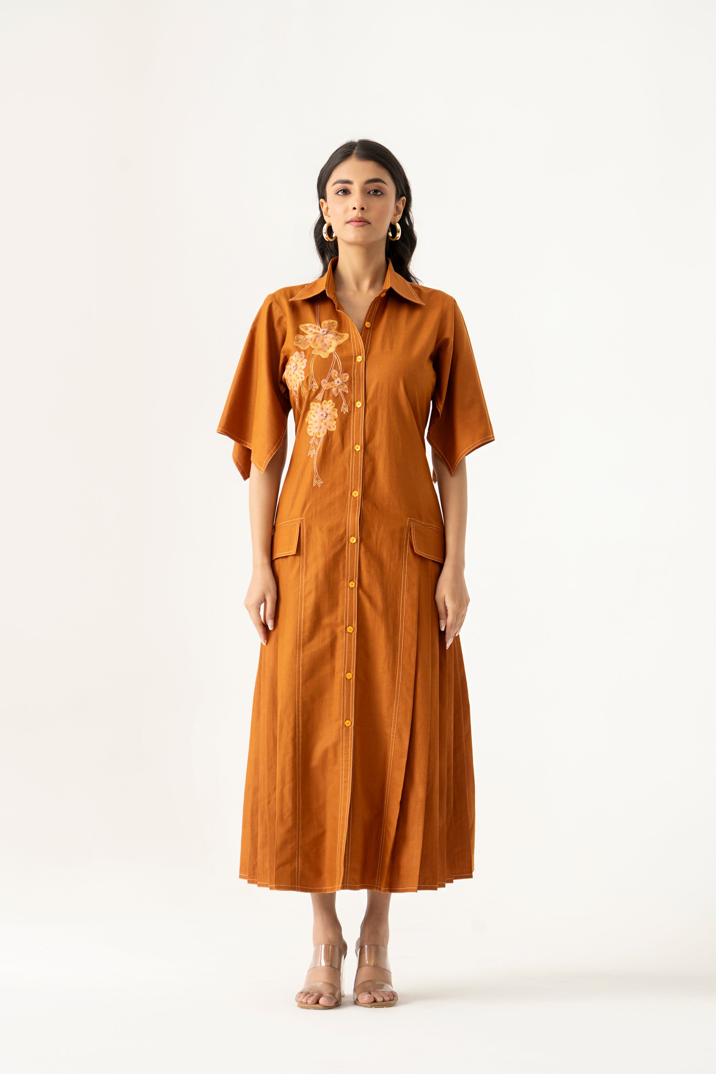 Rust Brown Embroidered Shirt Dress