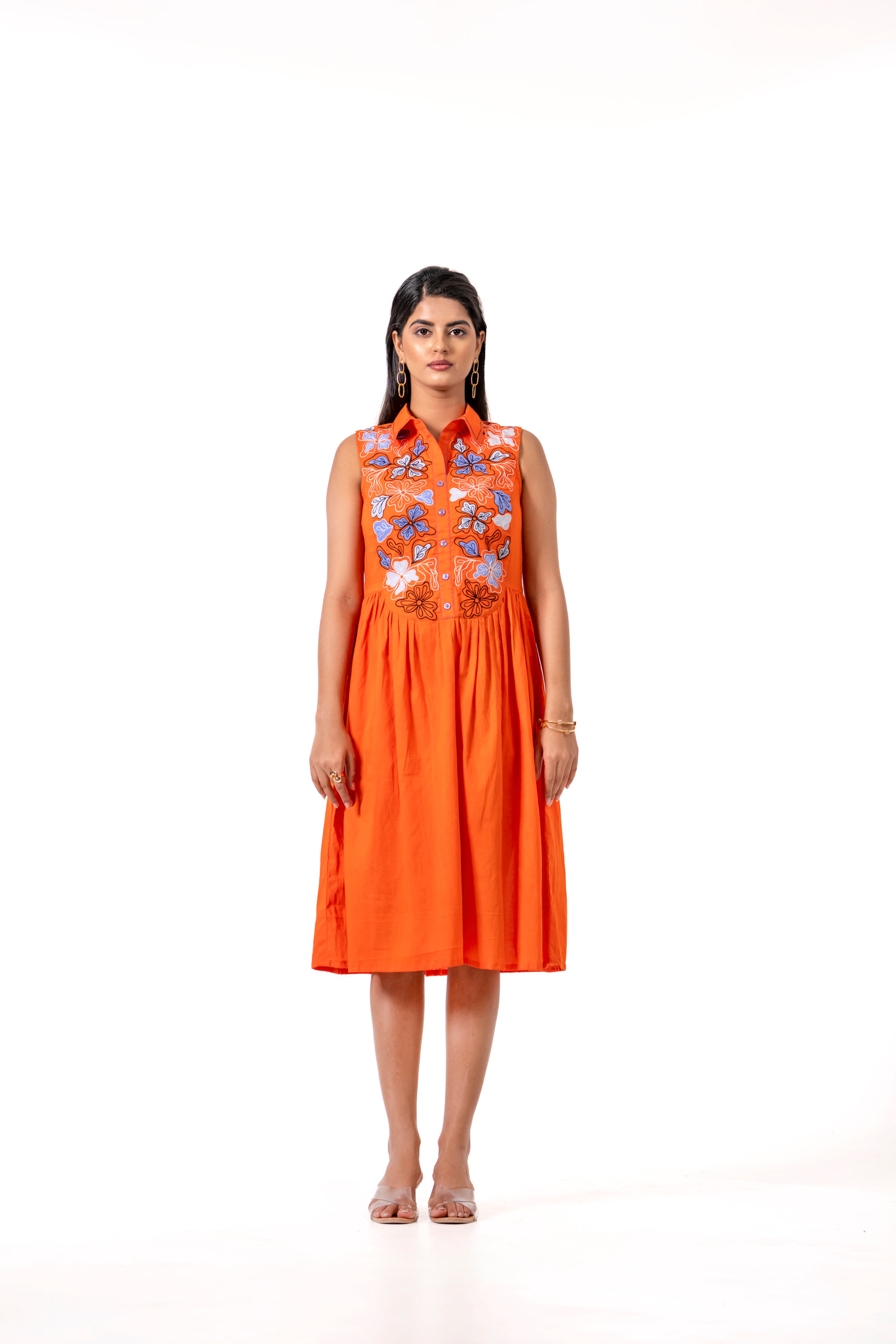 ORANGE FLORAL EMBROIDERED  DRESS WITH A STYLISH AND FRESH LOOK.