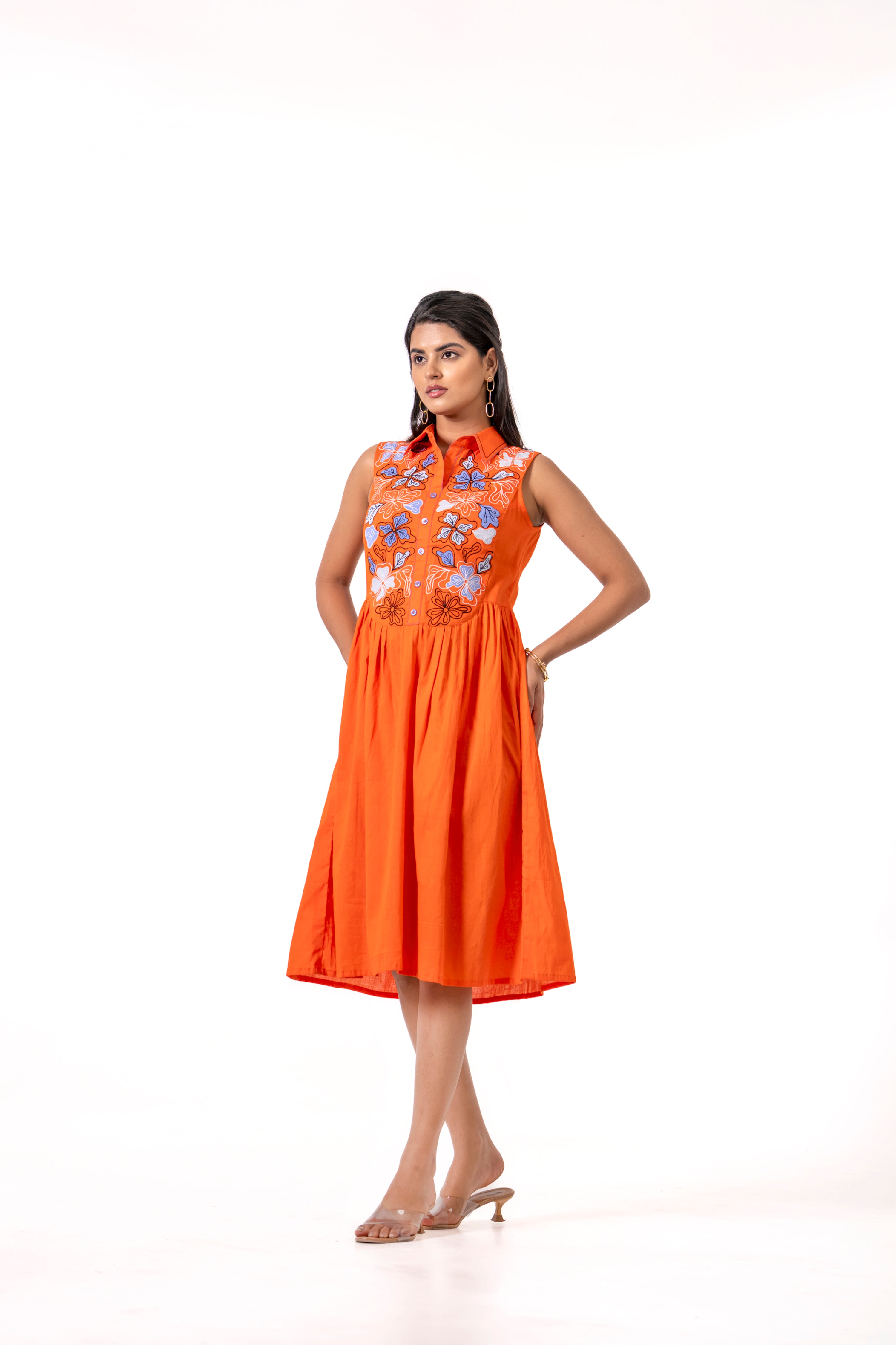 ORANGE FLORAL EMBROIDERED  DRESS WITH A STYLISH AND FRESH LOOK.