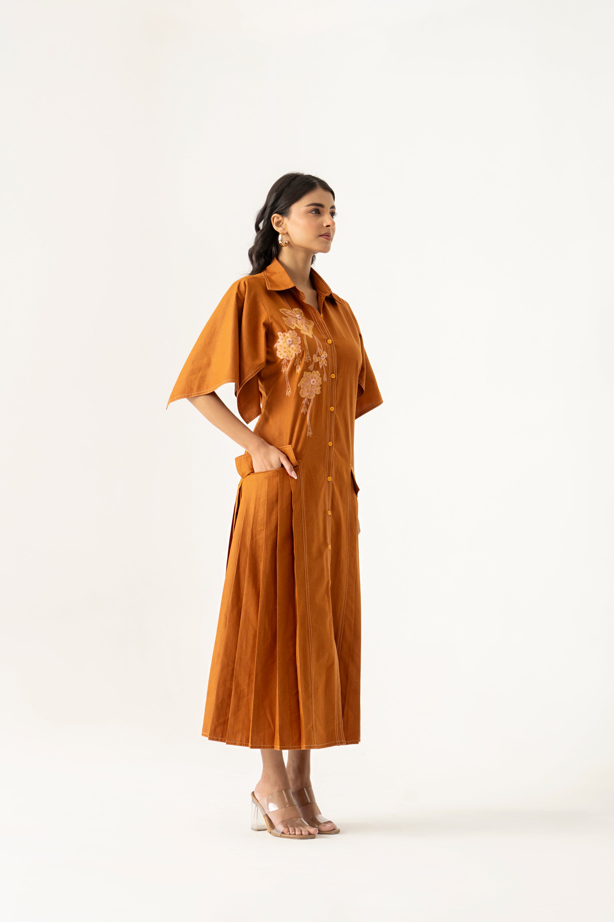 Rust Brown Embroidered Shirt Dress
