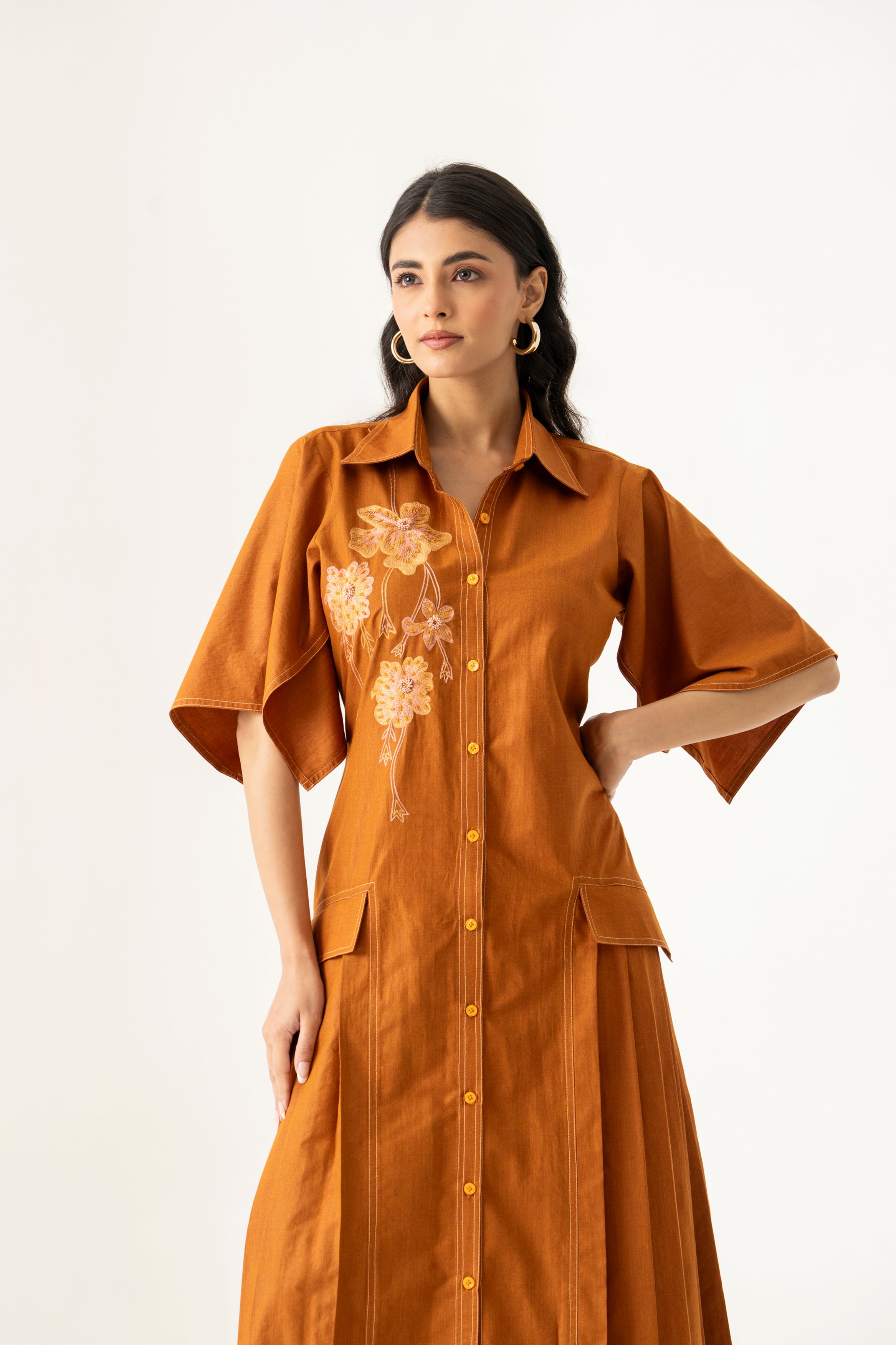 Rust Brown Embroidered Shirt Dress
