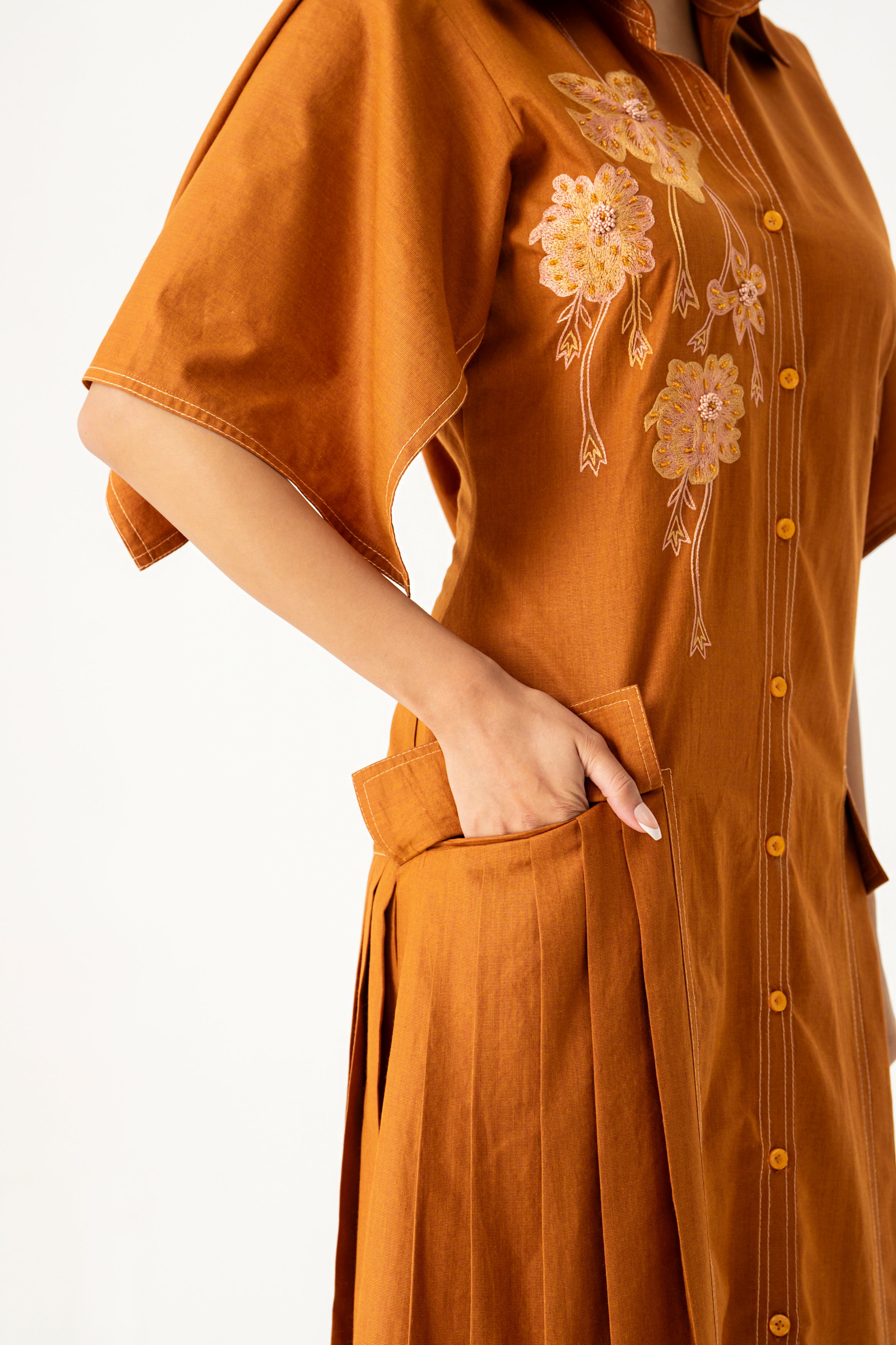 Rust Brown Embroidered Shirt Dress
