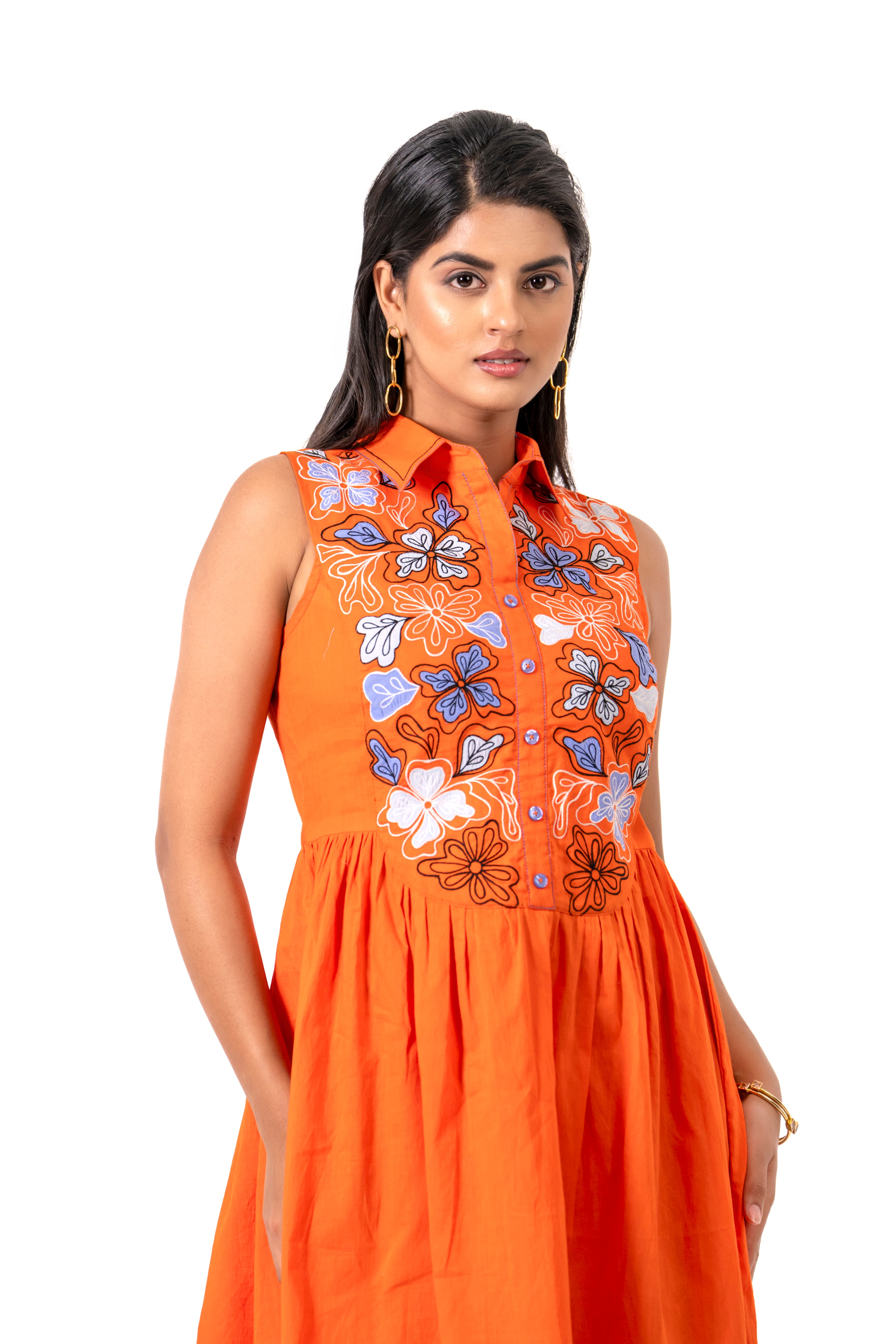 ORANGE FLORAL EMBROIDERED  DRESS WITH A STYLISH AND FRESH LOOK.