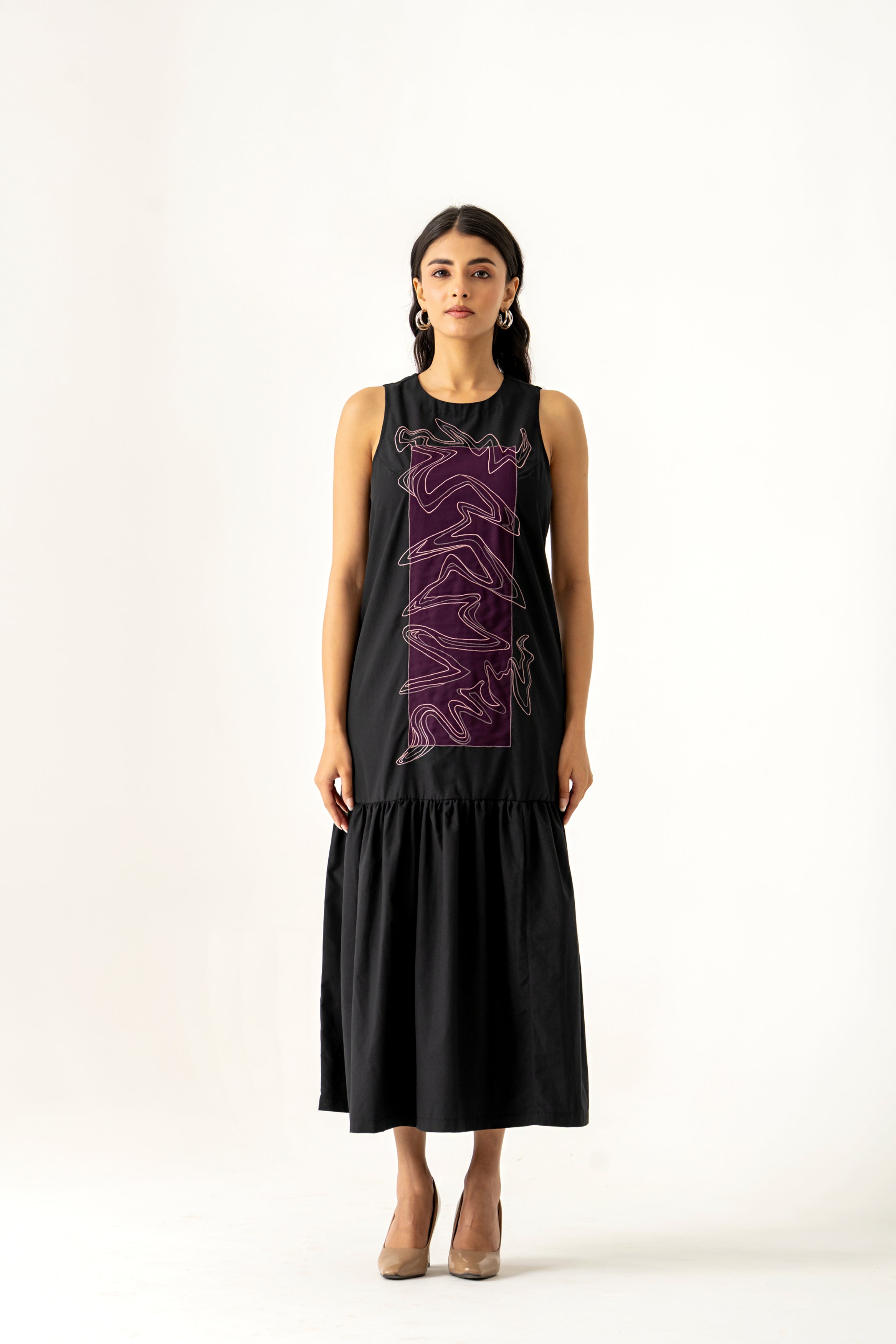 BLACK COTTON DRESS WITH RESHAM EMBROIDERY