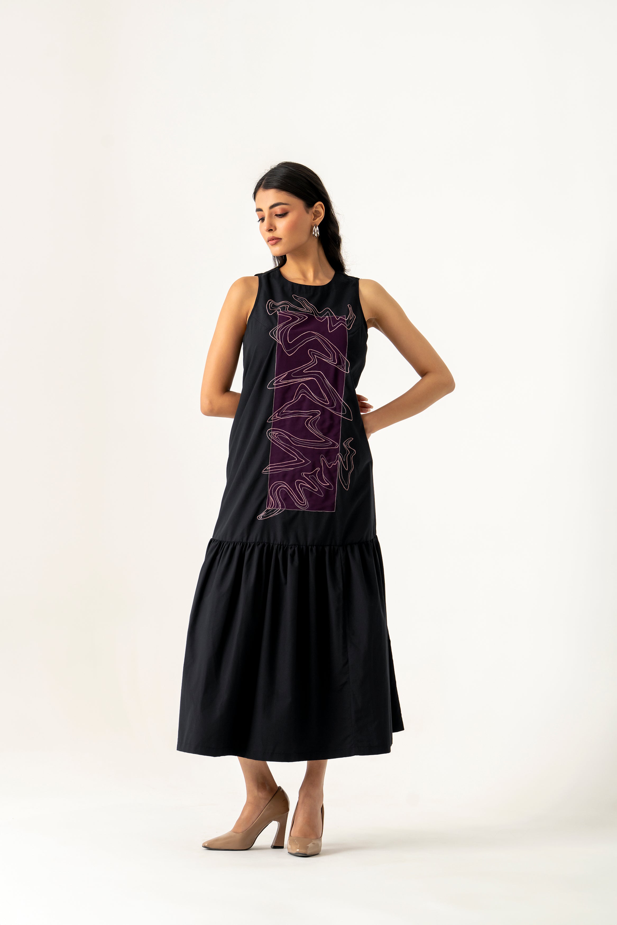 BLACK COTTON DRESS WITH RESHAM EMBROIDERY