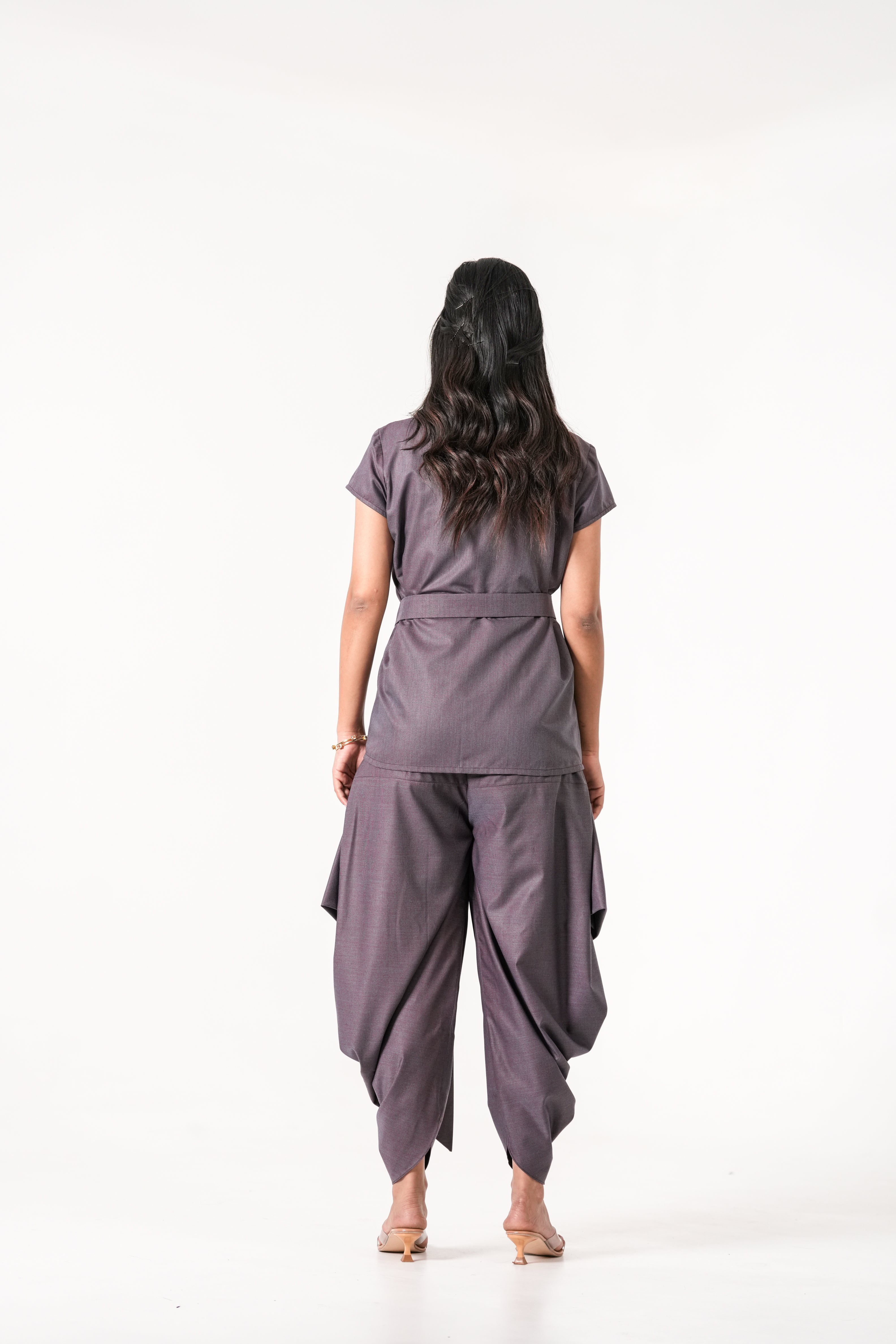 GREY PURPLE BELTED TOP & COWL PANTS SET.