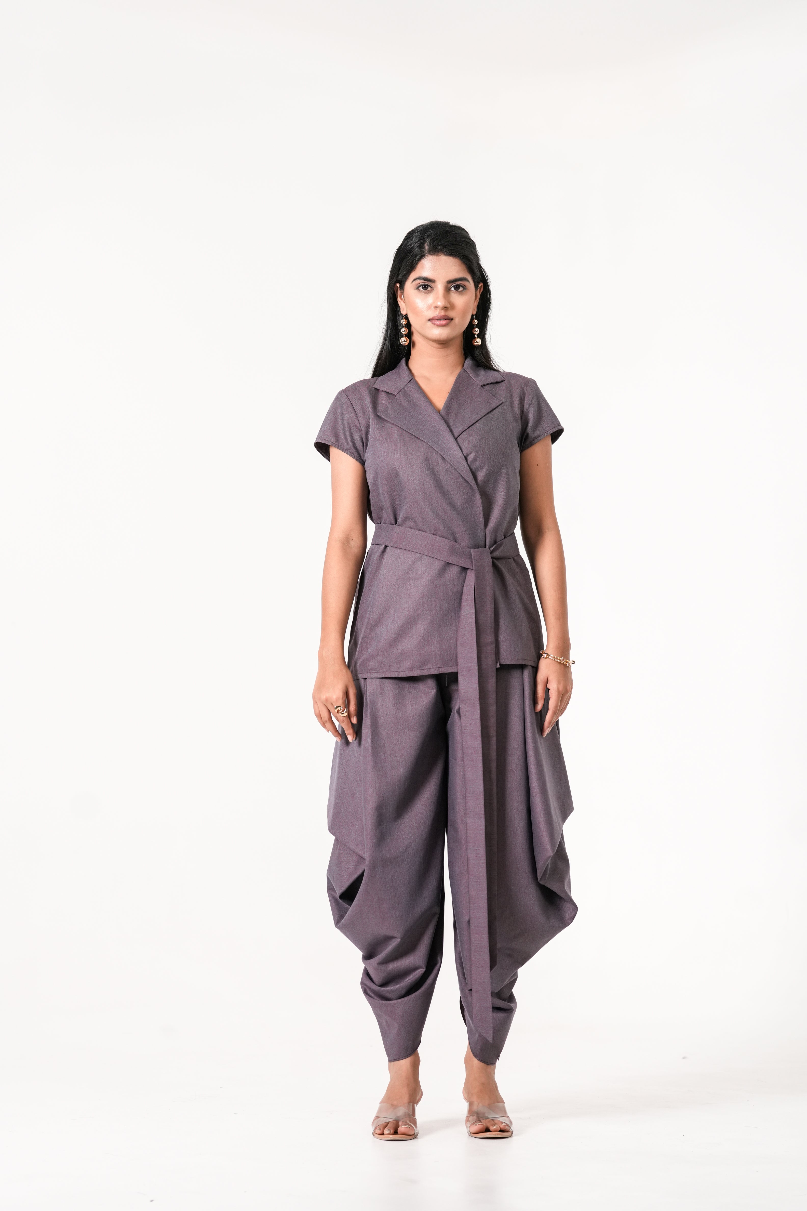 GREY PURPLE BELTED TOP & COWL PANTS SET.