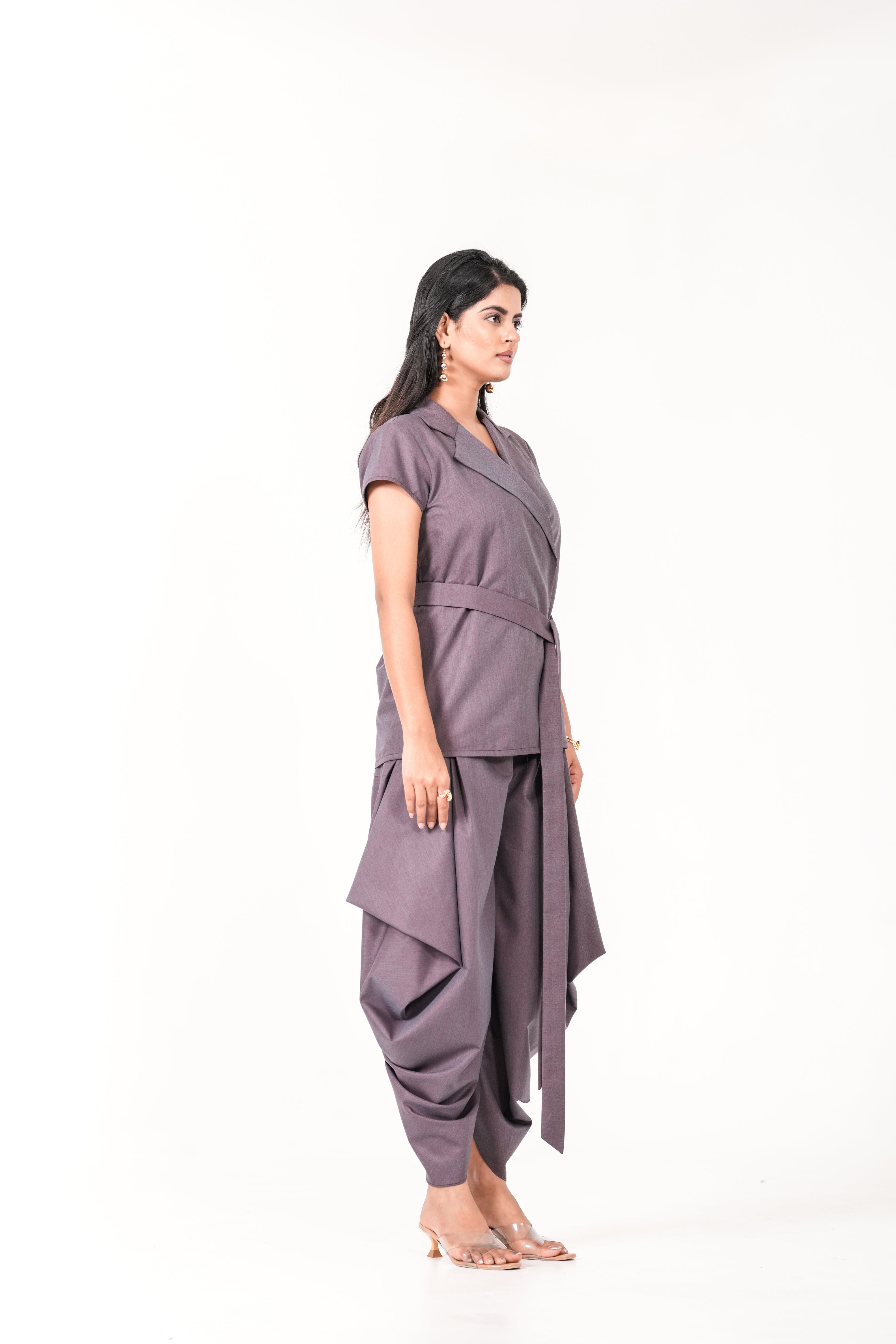 GREY PURPLE BELTED TOP & COWL PANTS SET.