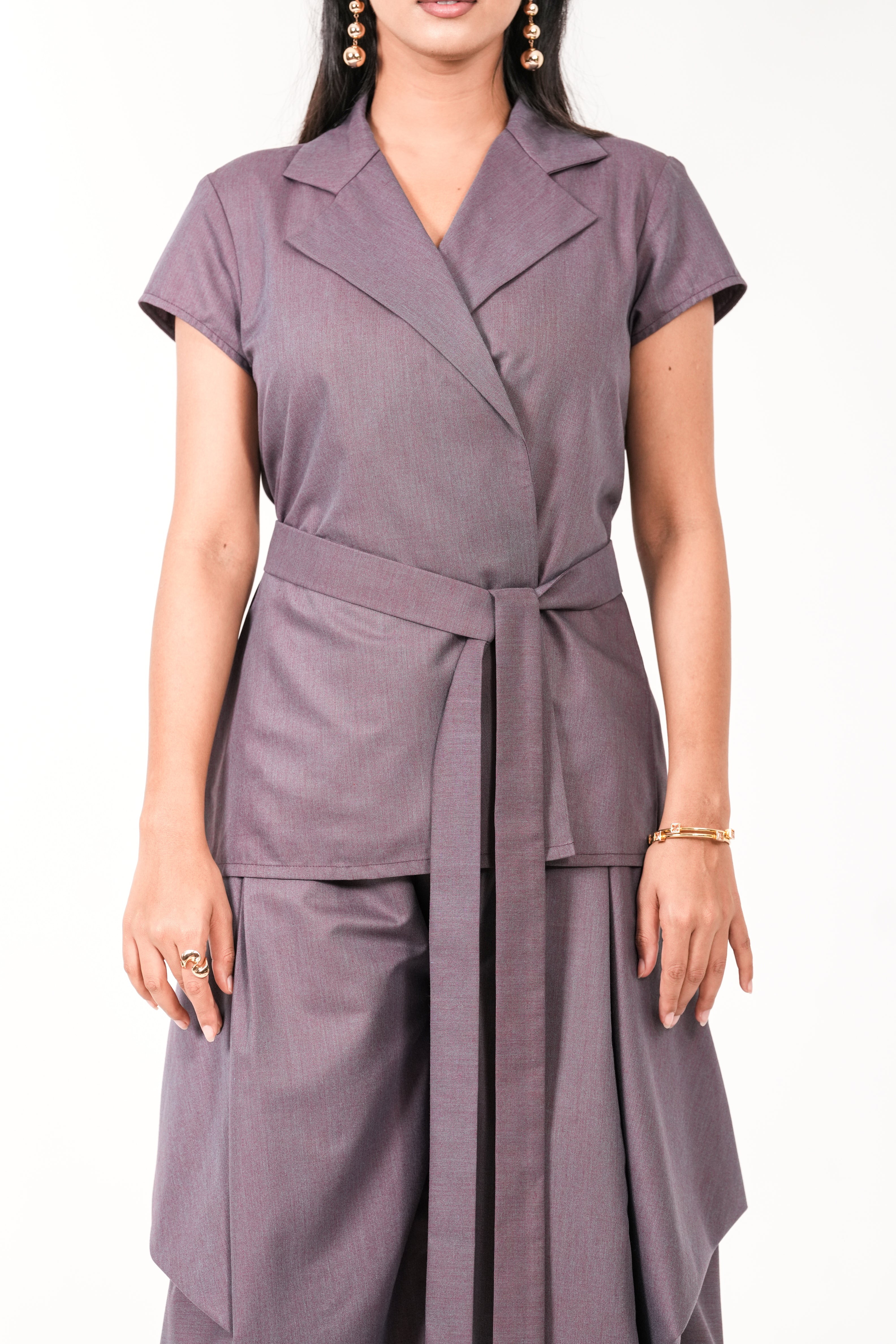 GREY PURPLE BELTED TOP & COWL PANTS SET.