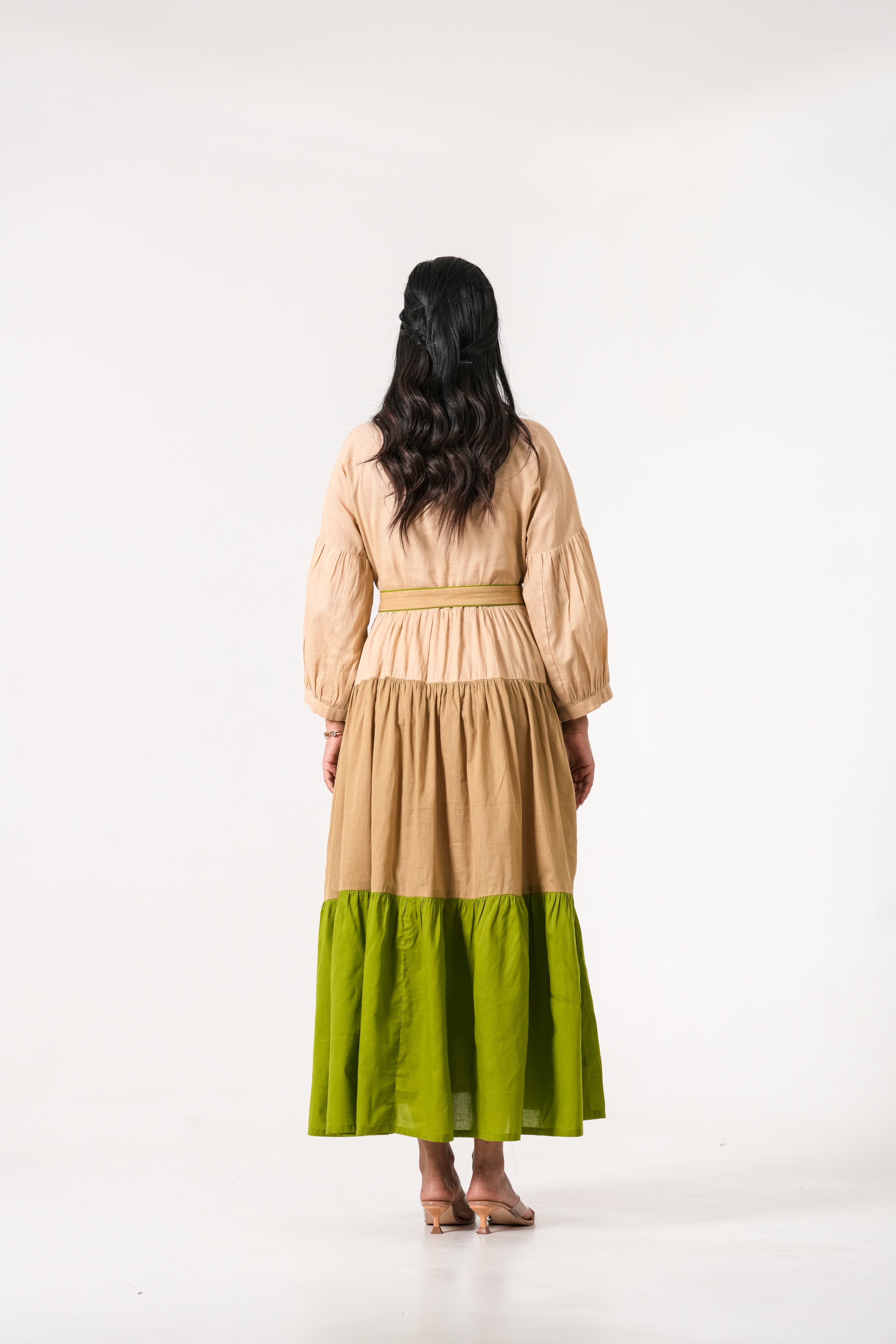 BEIGE GREEN EMBROIDERED BELTED MAXI DRESS.