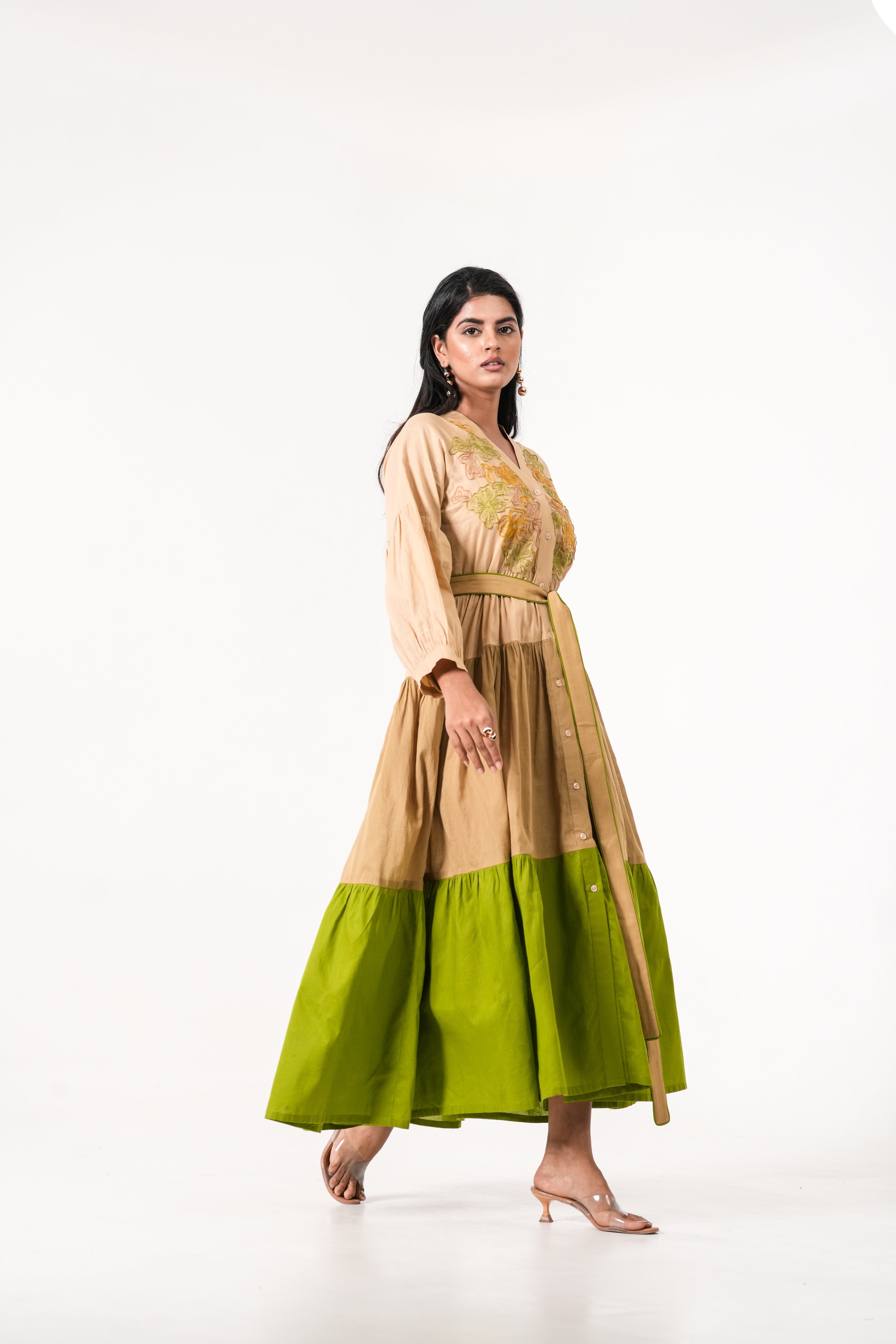 BEIGE GREEN EMBROIDERED BELTED MAXI DRESS.