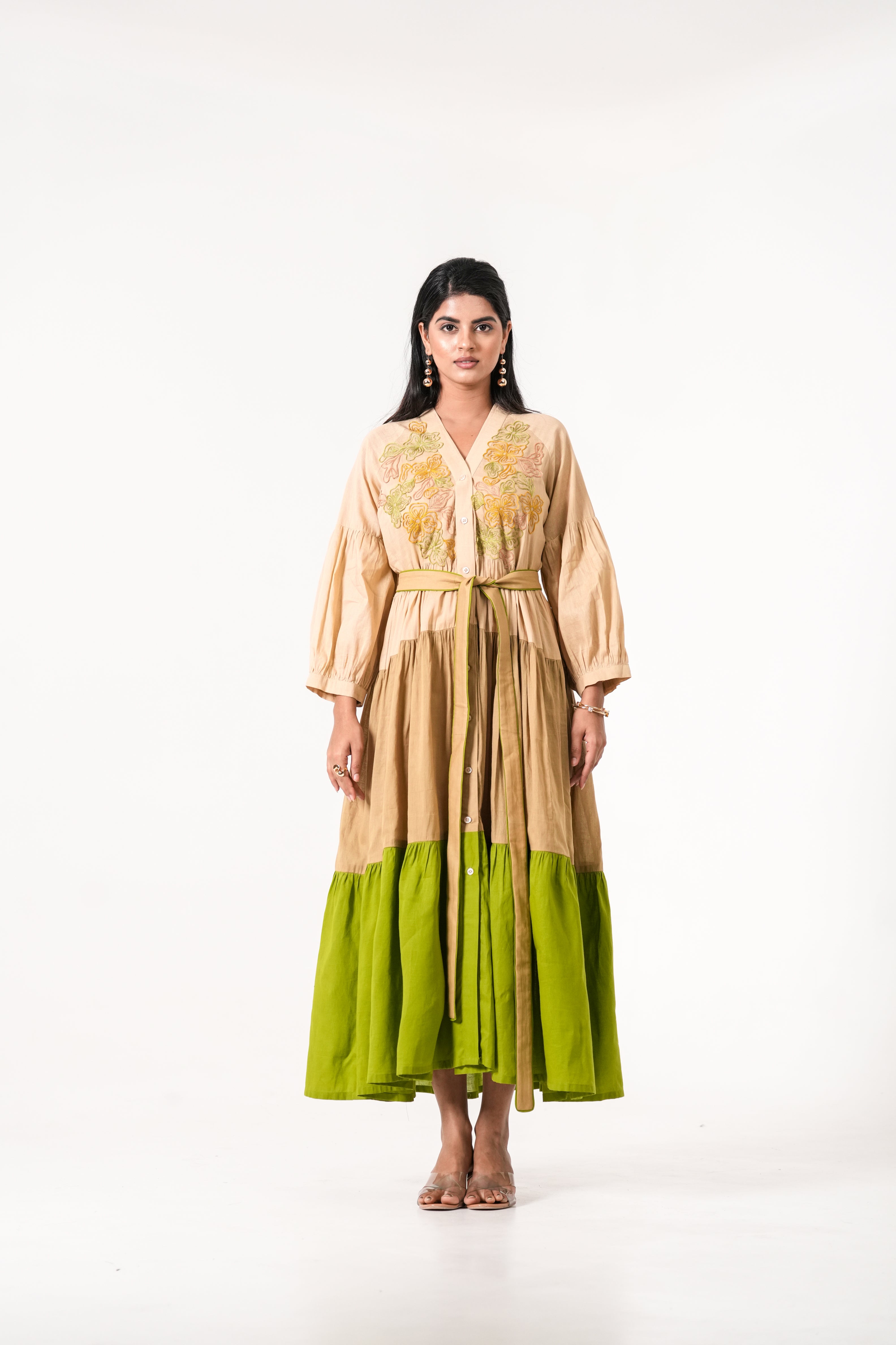 BEIGE GREEN EMBROIDERED BELTED MAXI DRESS.