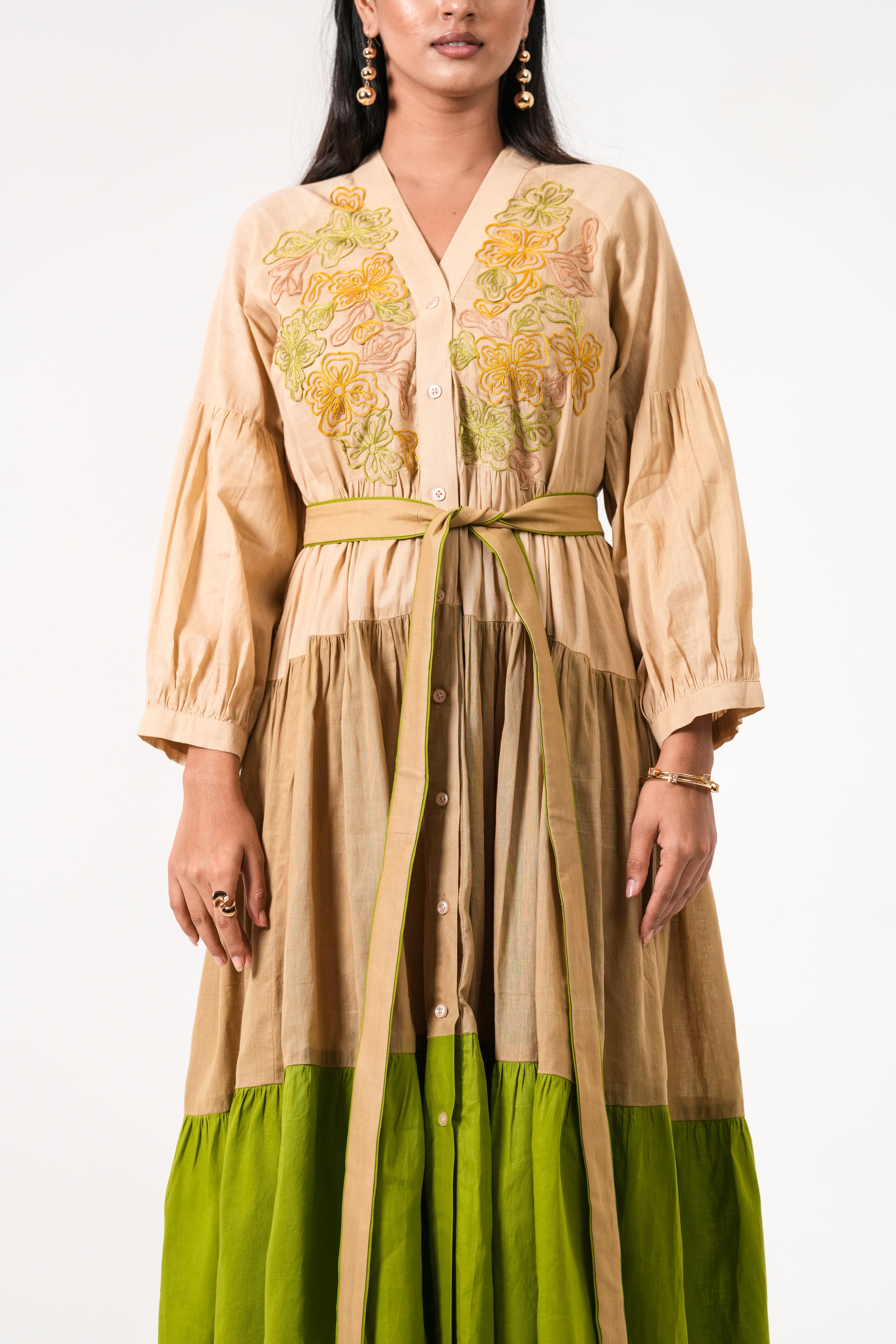 BEIGE GREEN EMBROIDERED BELTED MAXI DRESS.