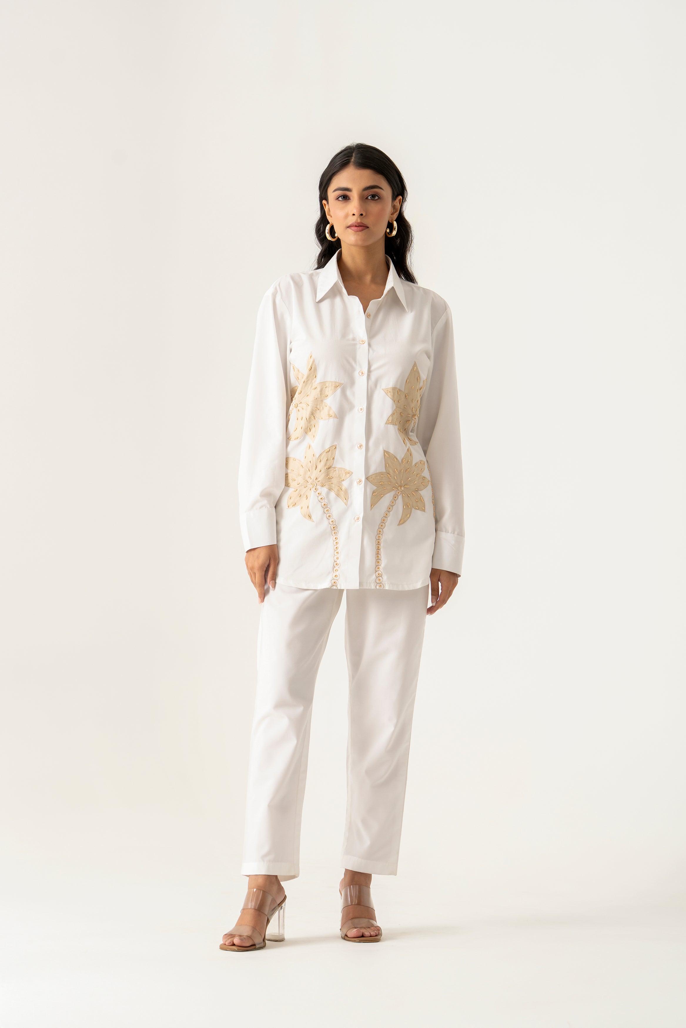 White Co-ord Set with Beige Palm Embroidery