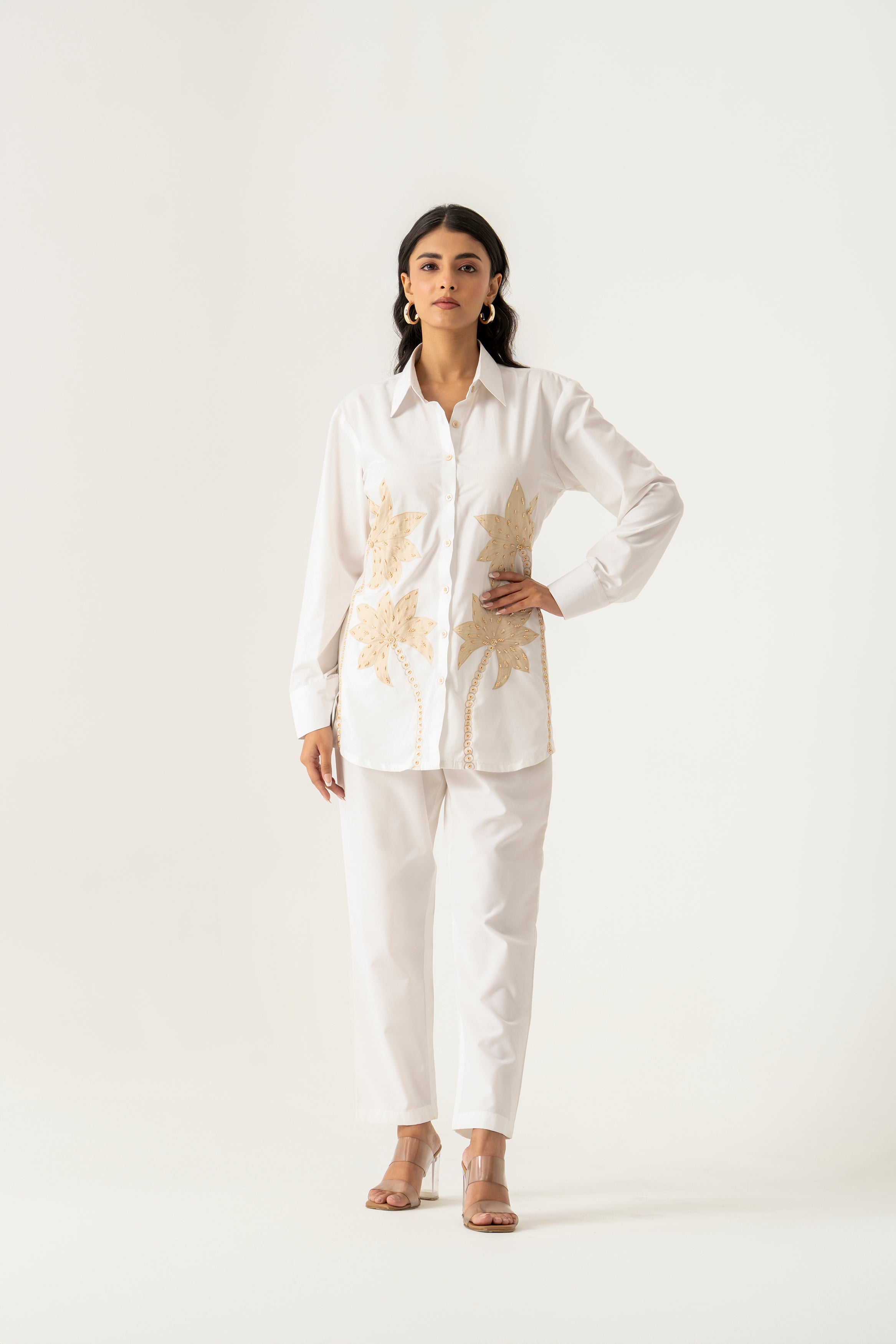 White Co-ord Set with Beige Palm Embroidery