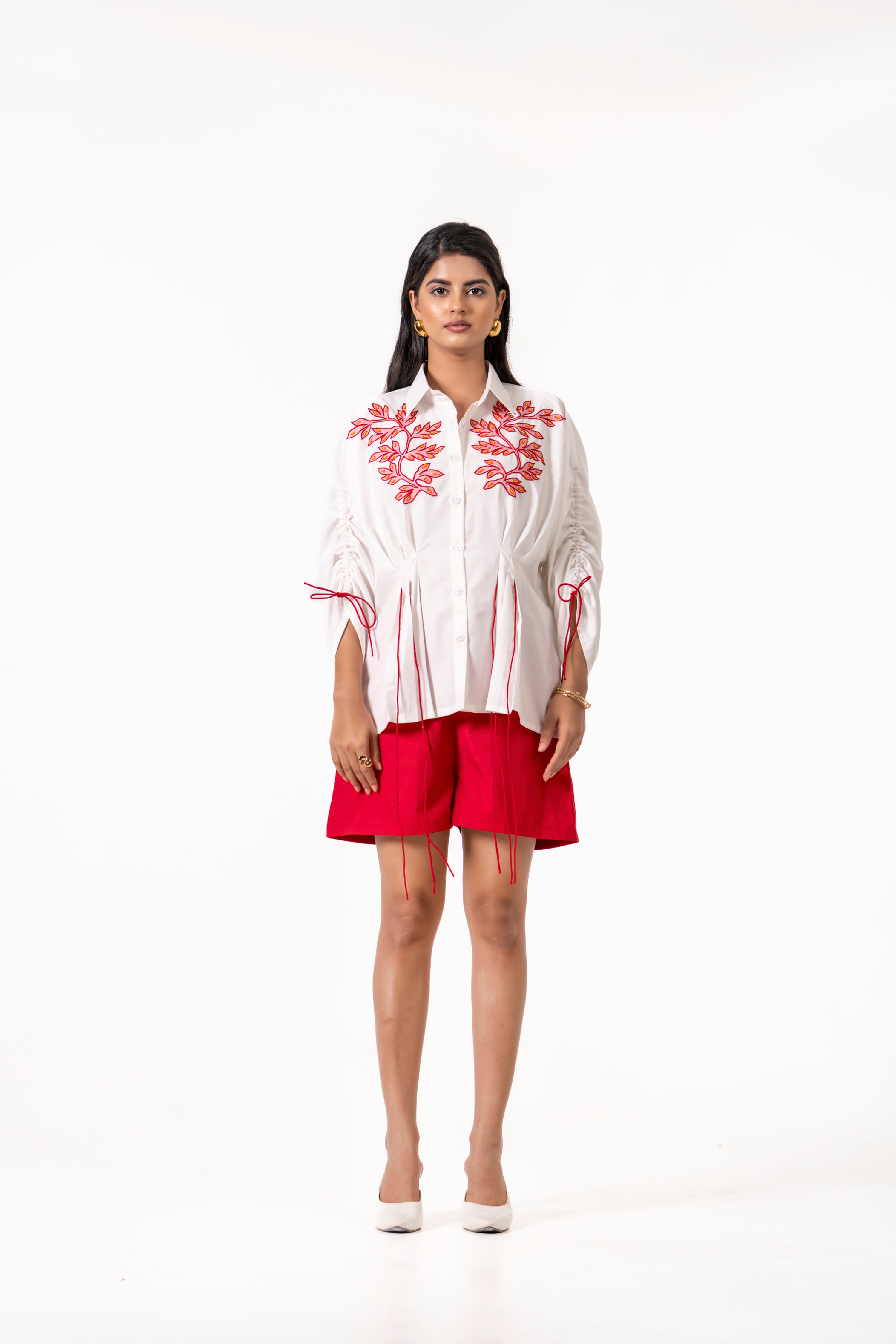 WHITE EMBROIDERED SHIRT WITH RED SHORTS – CHIC FUSION LOOK.
