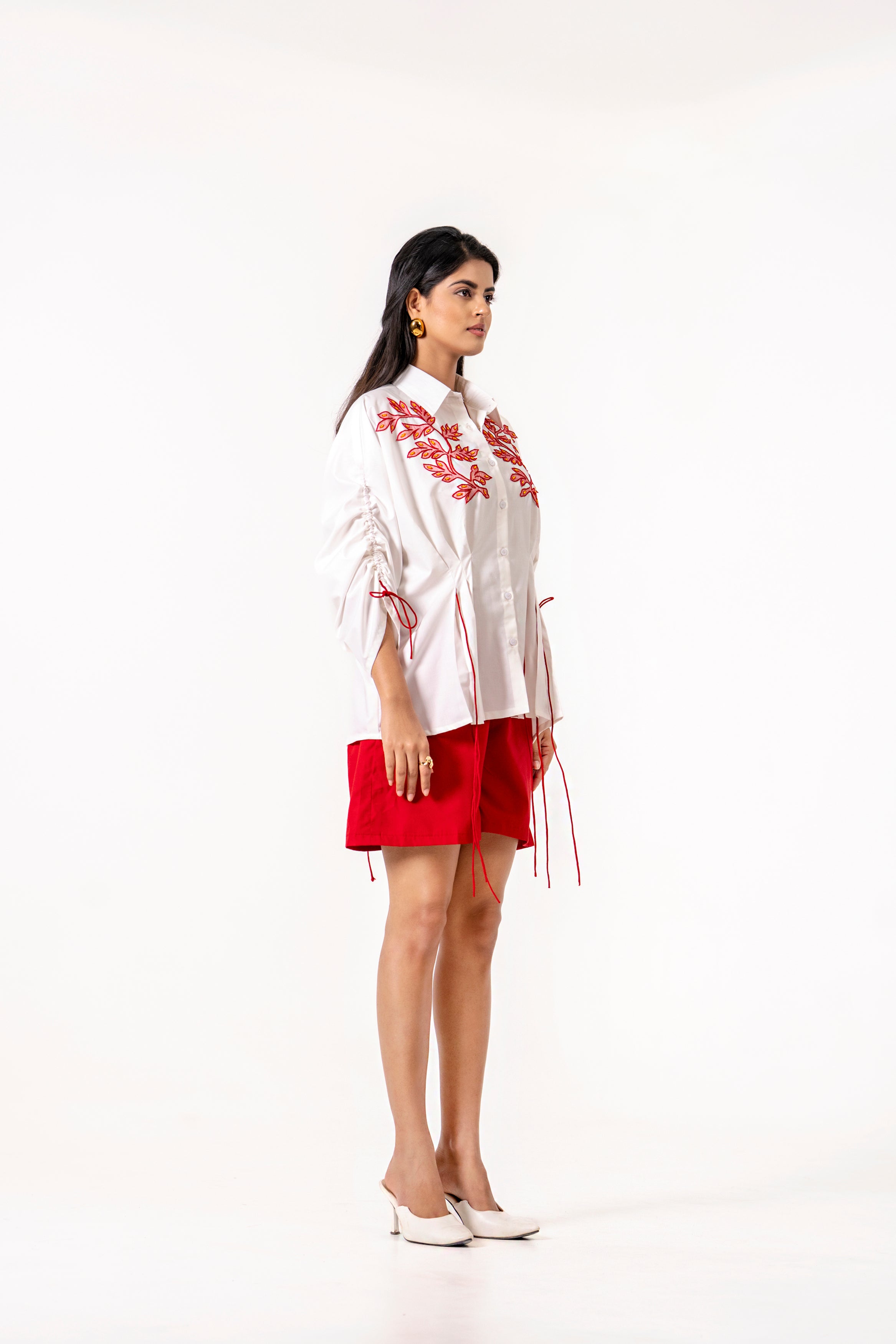 WHITE EMBROIDERED SHIRT WITH RED SHORTS – CHIC FUSION LOOK.