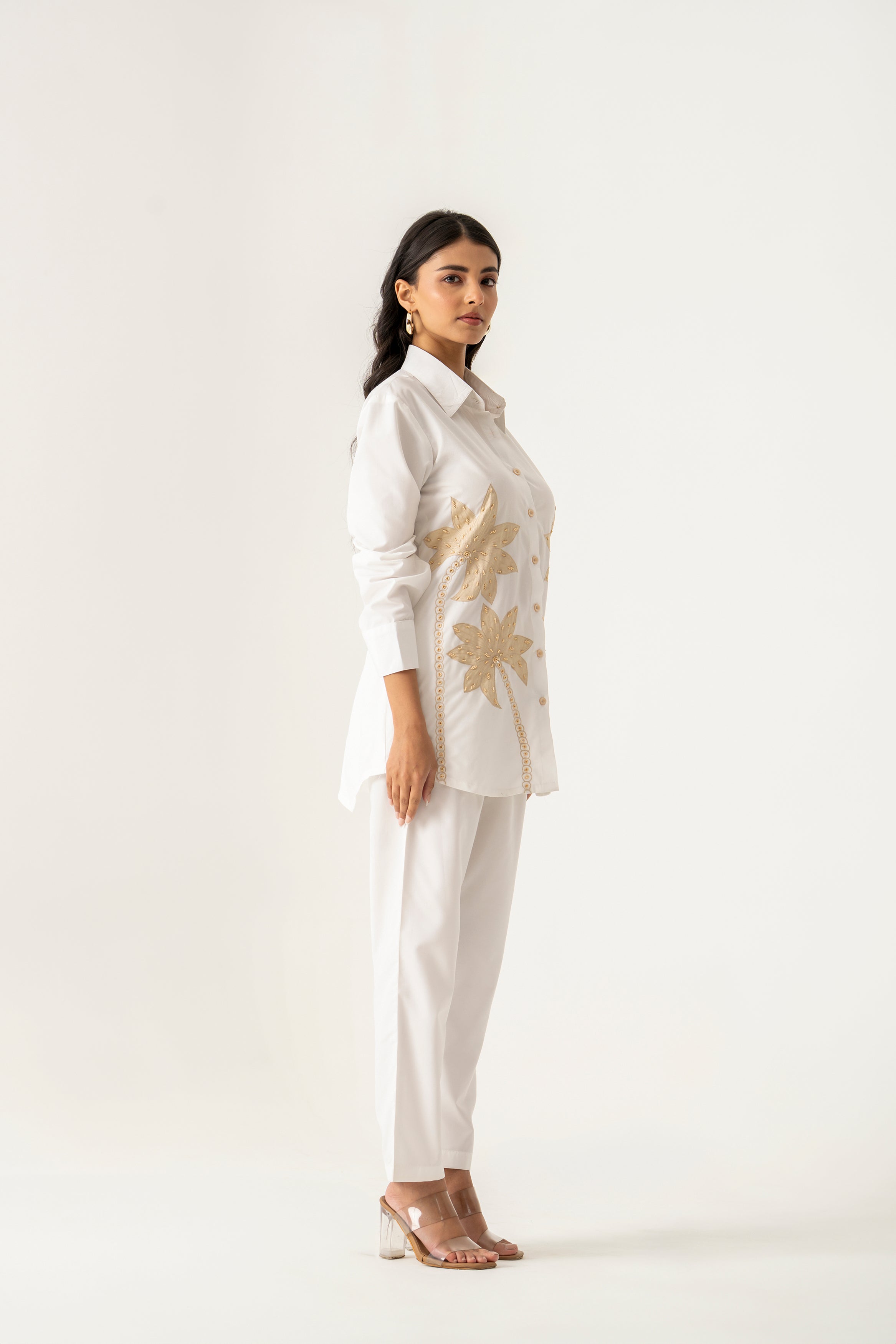 White Co-ord Set with Beige Palm Embroidery