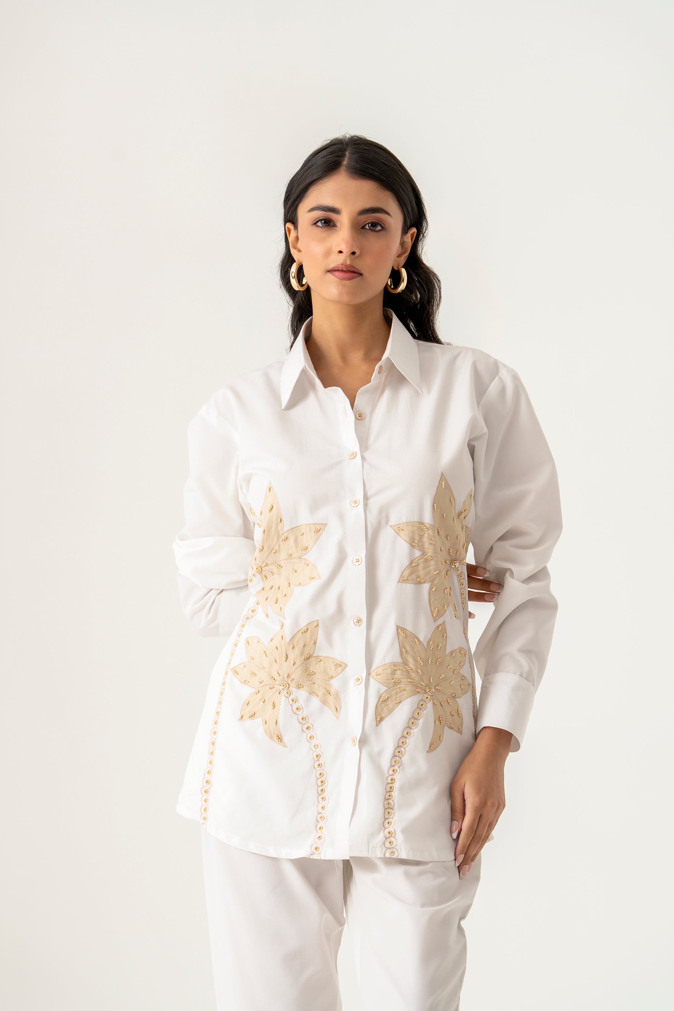 White Co-ord Set with Beige Palm Embroidery