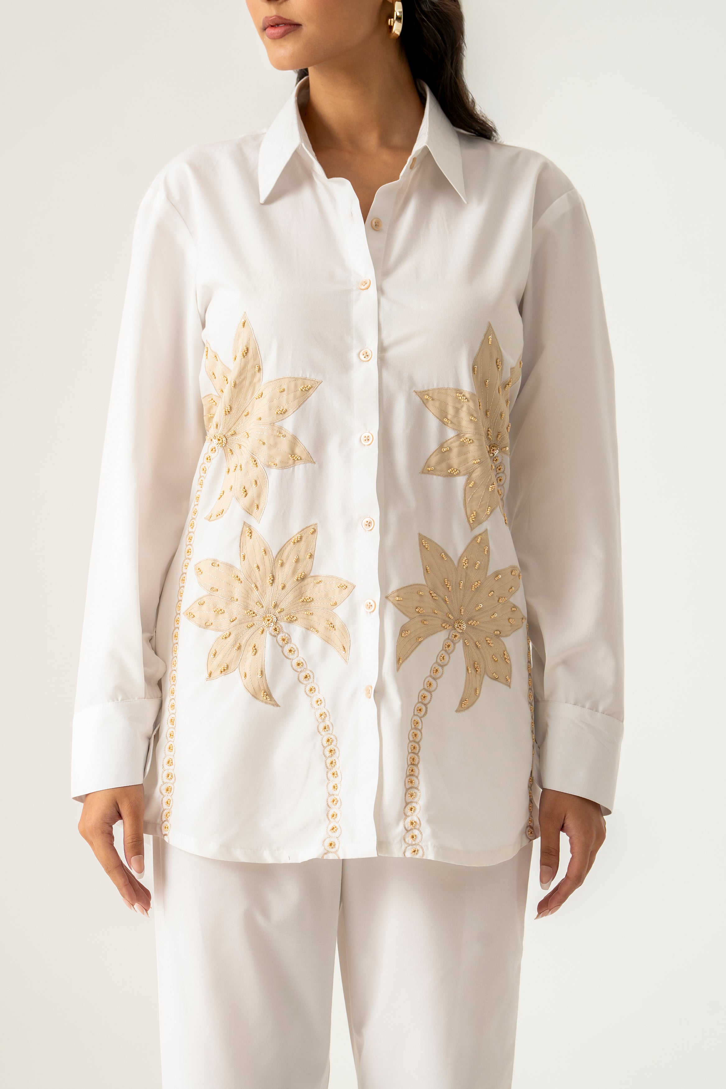 White Co-ord Set with Beige Palm Embroidery