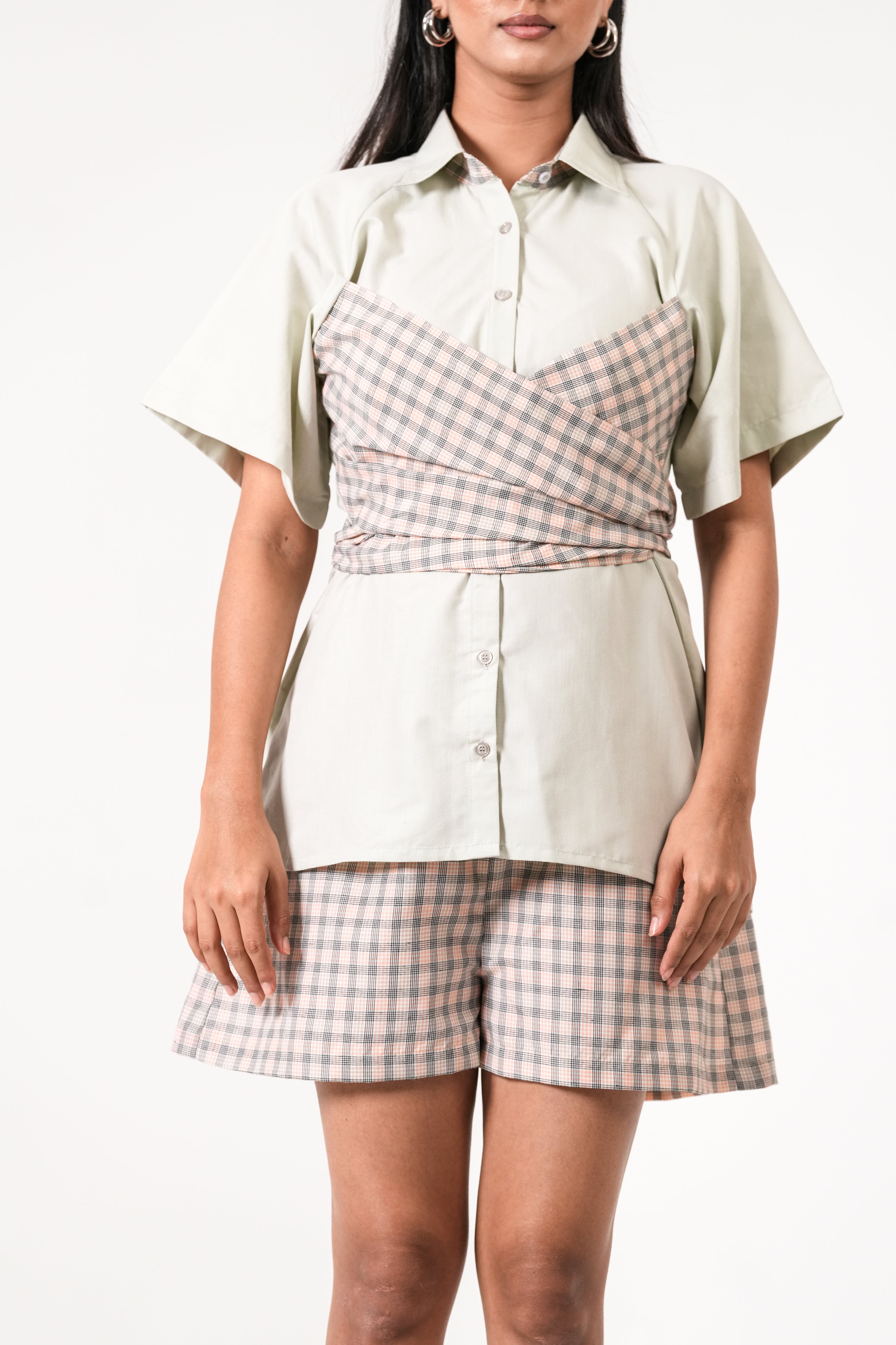 PISTACHIO CHECKERED SHIRT TOP WITH MATCHING BOTTOMS.