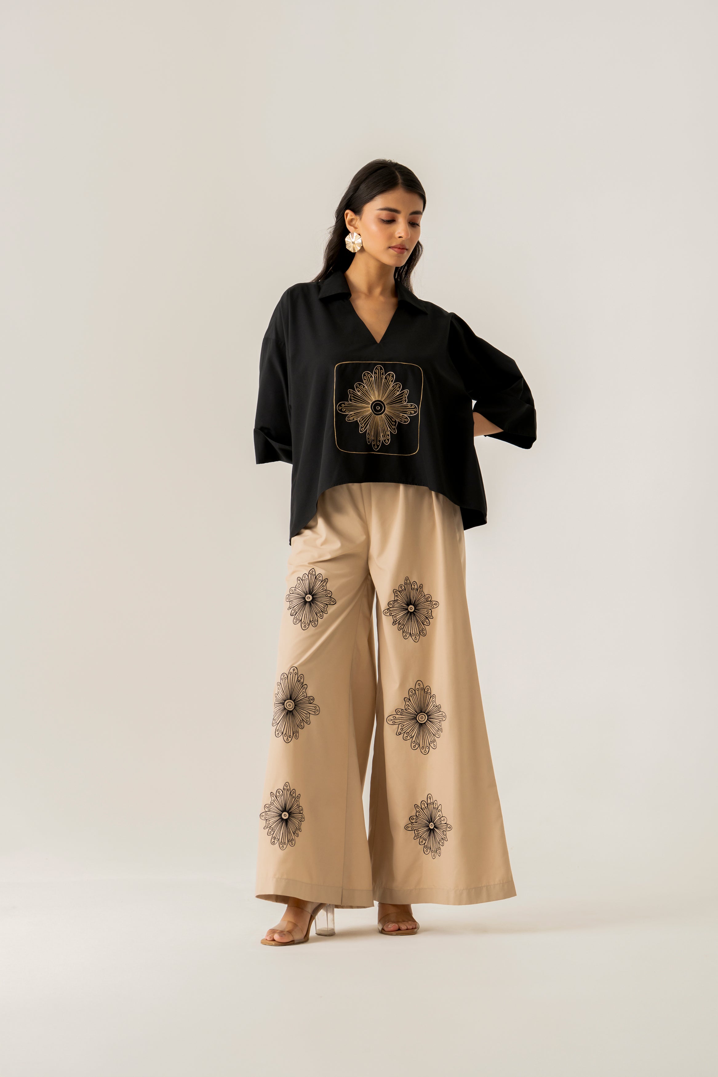 Black & Beige Co-ord Set with Geometric Motifs
