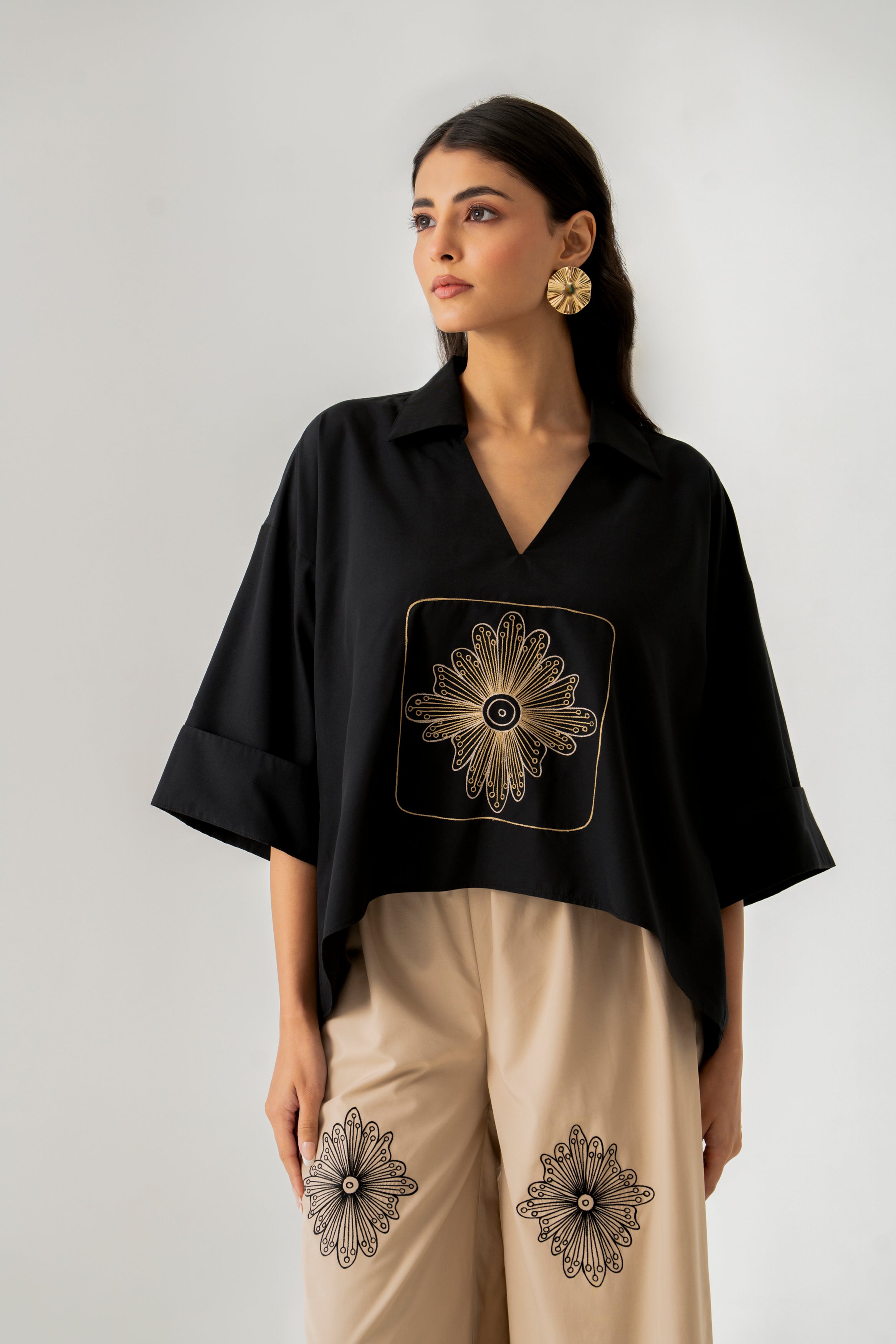 Black & Beige Co-ord Set with Geometric Motifs