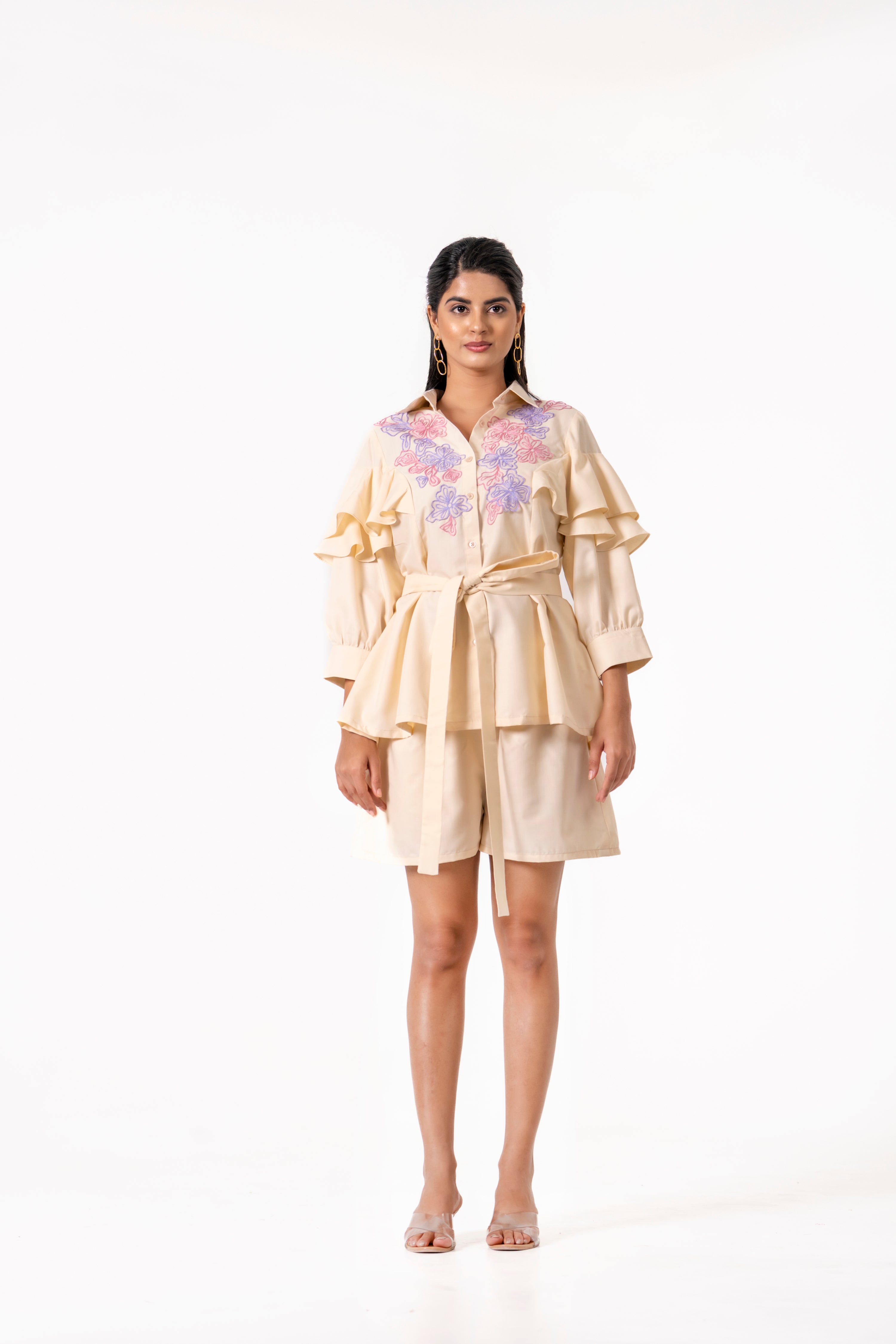 BUTTER YELLOW EMBROIDERED CO-ORD SET WITH RUFFLE SLEEVES.