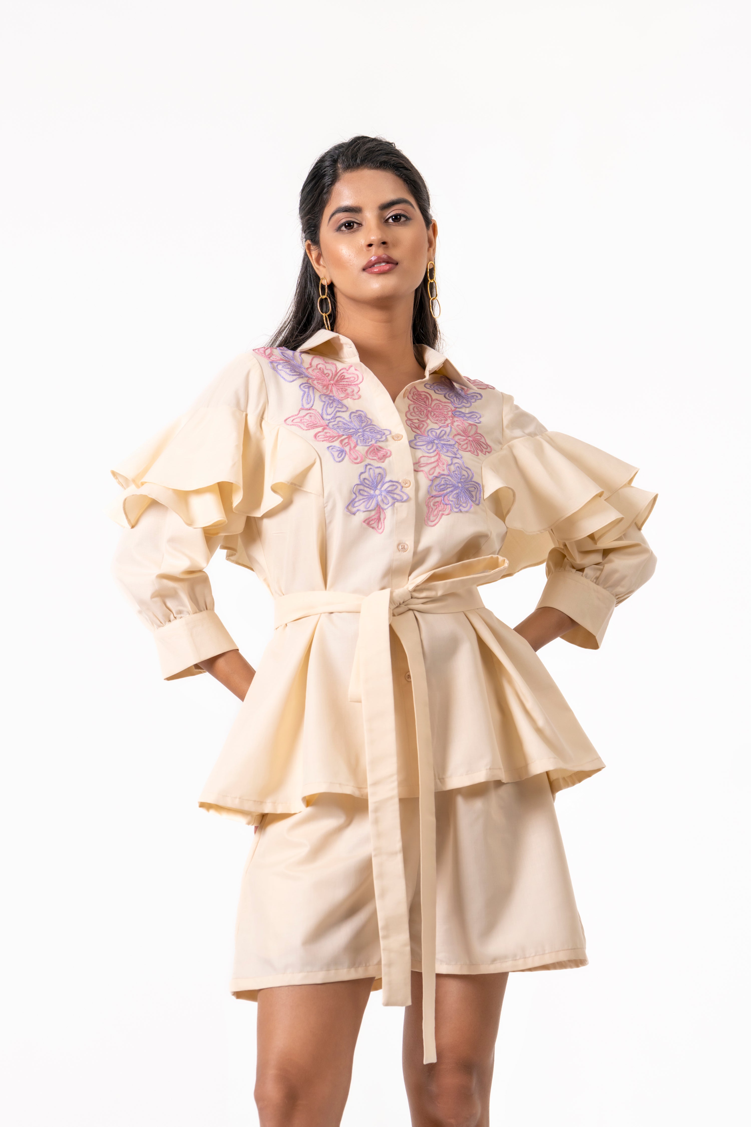 BUTTER YELLOW EMBROIDERED CO-ORD SET WITH RUFFLE SLEEVES.